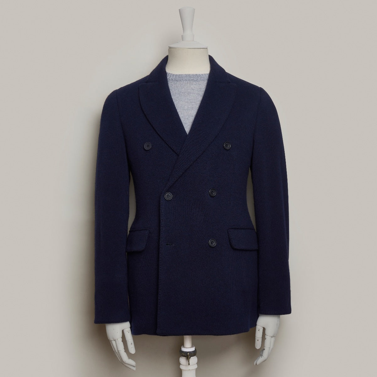 Double Breasted Cashmere Blend Unstructured Knitted Blazer in Navy