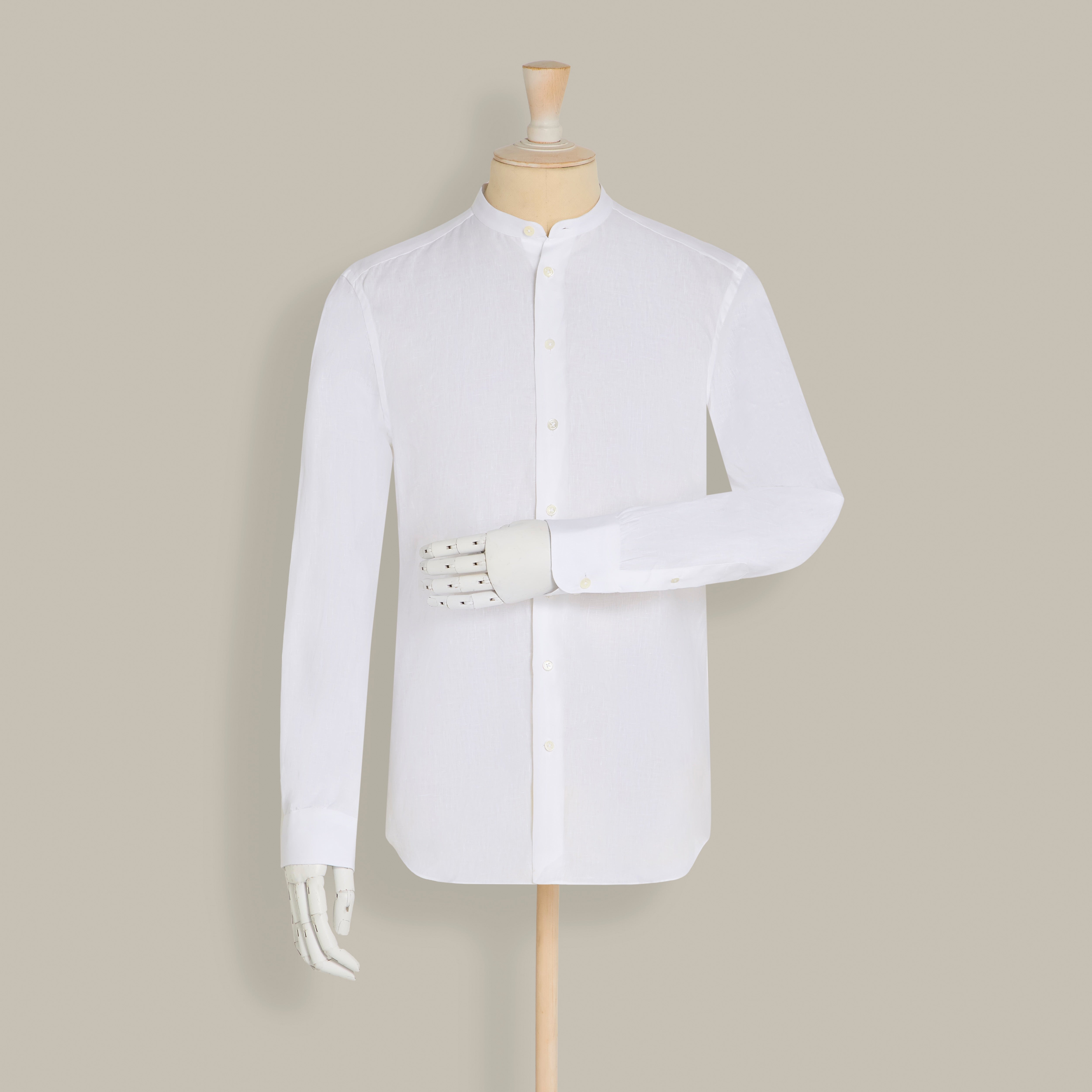 collarless dress shirt white Collarless Linen Shirt with Button Front in White