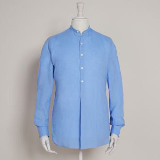 Collarless Linen Shirt With Fan Pleat In Lagoon