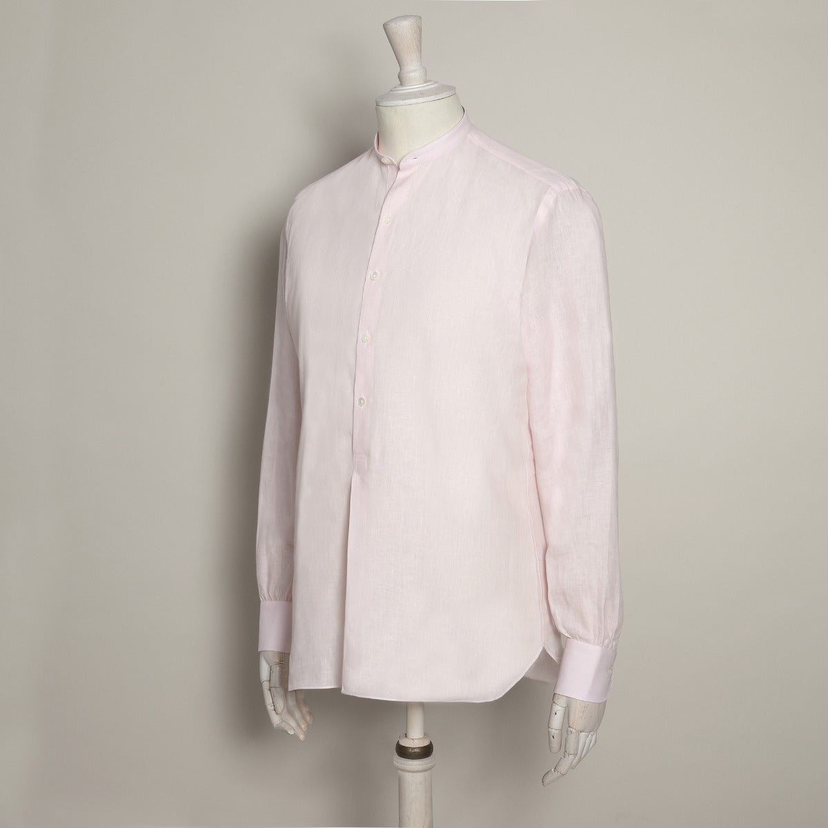 Collarless Linen Shirt With Fan Pleat In Light Pink