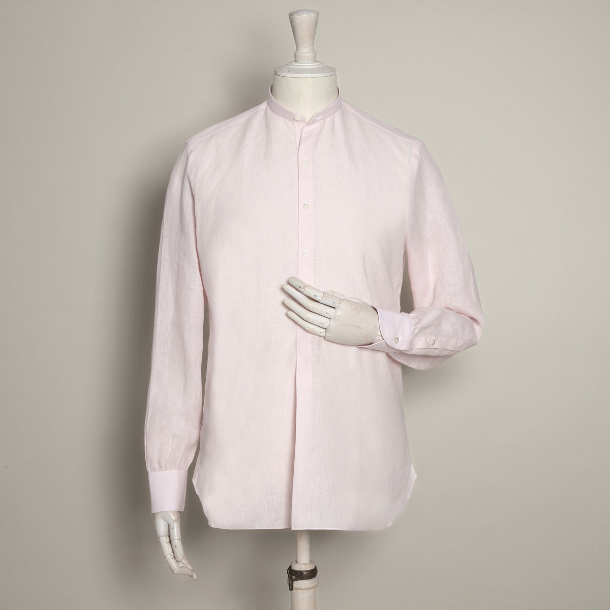 Collarless Linen Shirt With Fan Pleat In Light Pink