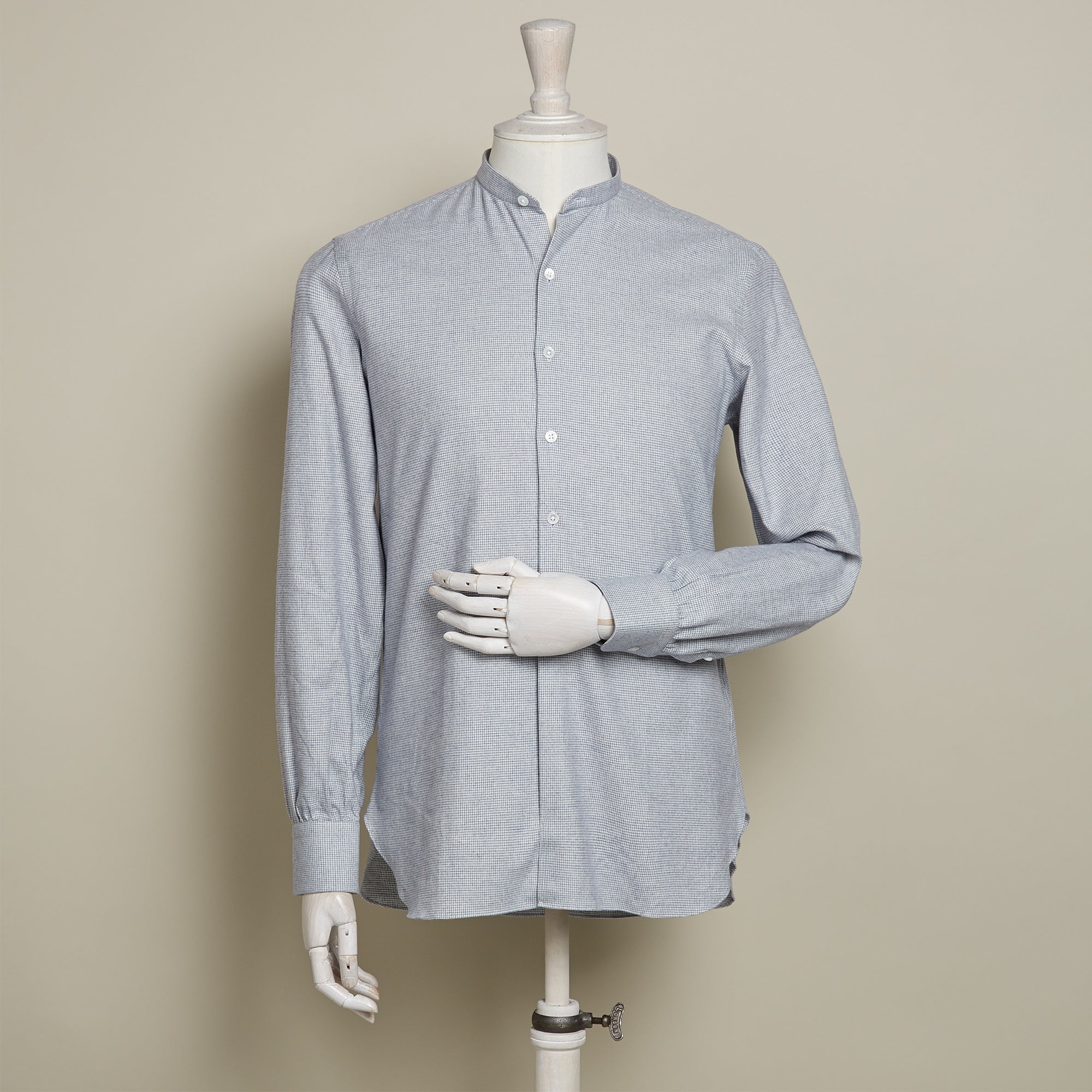 Puppytooth Cashmarello Collarless Pleat Front Shirt In Blue