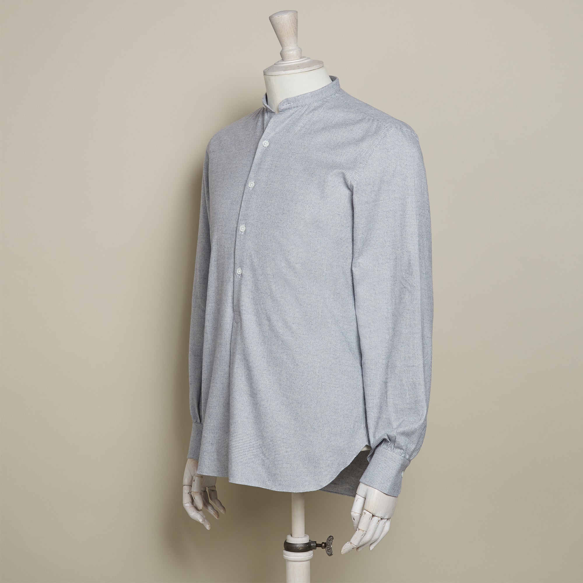 Puppytooth Cashmarello Collarless Pleat Front Shirt In Blue