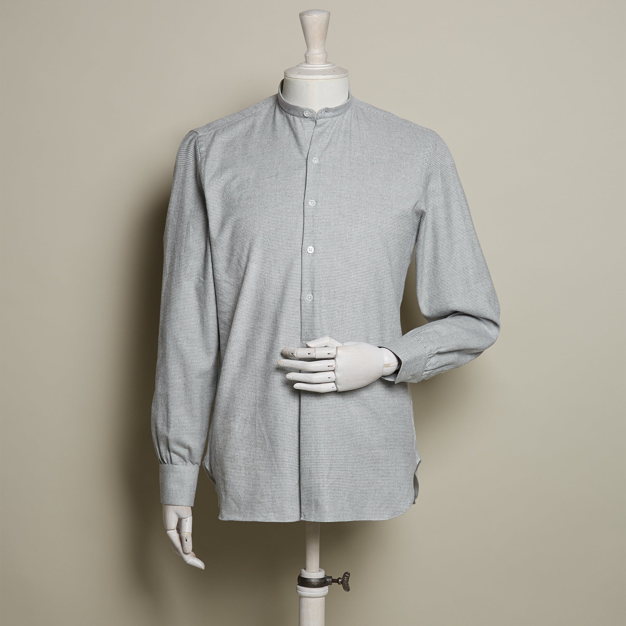 Puppytooth Cashmerello Collarless Pleat Front Shirt In Grey