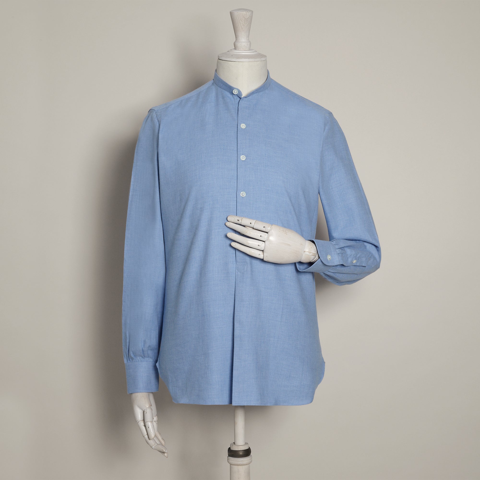 Cashmerello Collarless Pleat Front Shirt In Blue