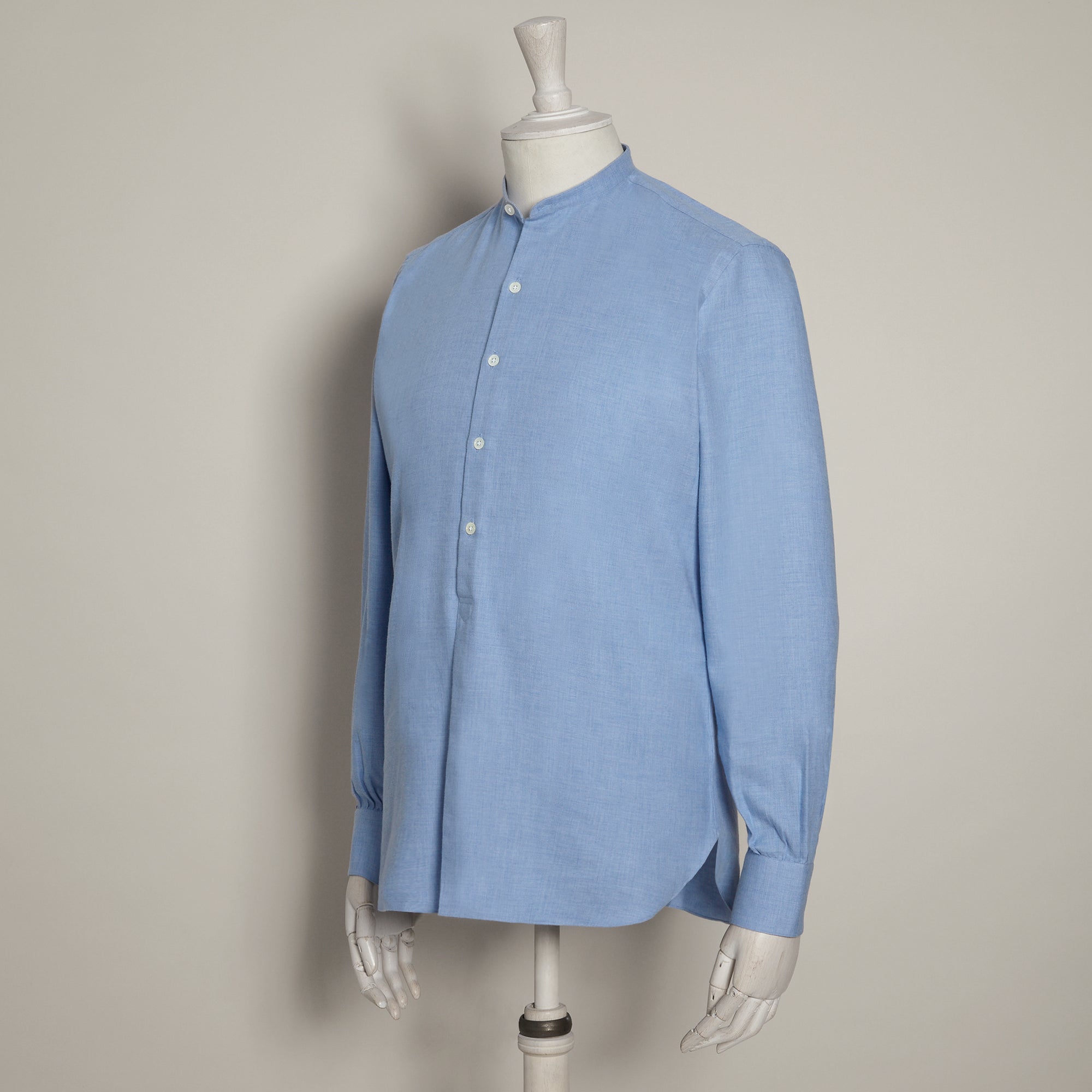 Cashmerello Collarless Pleat Front Shirt In Blue