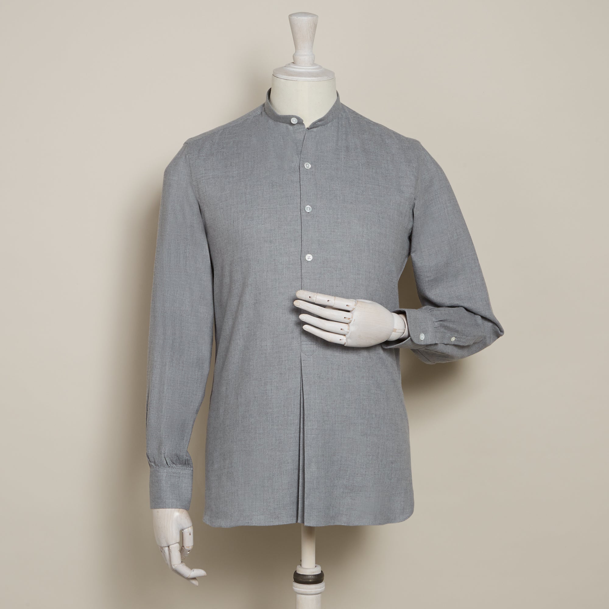 Cashmerello Collarless Pleat Front Shirt In Grey