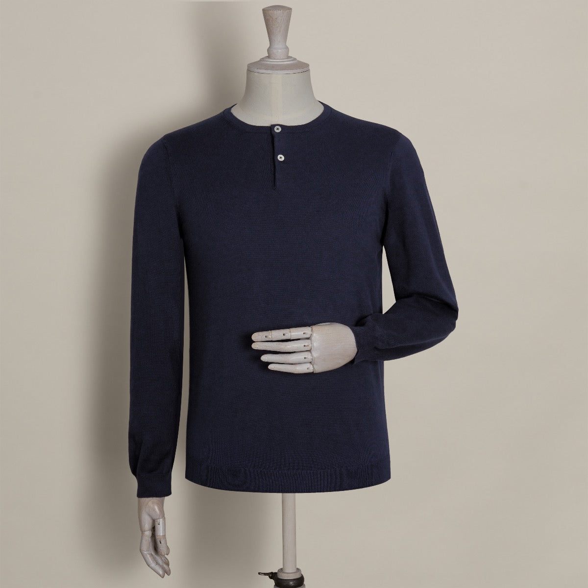 Knitted Cotton Henley Shirt In Navy