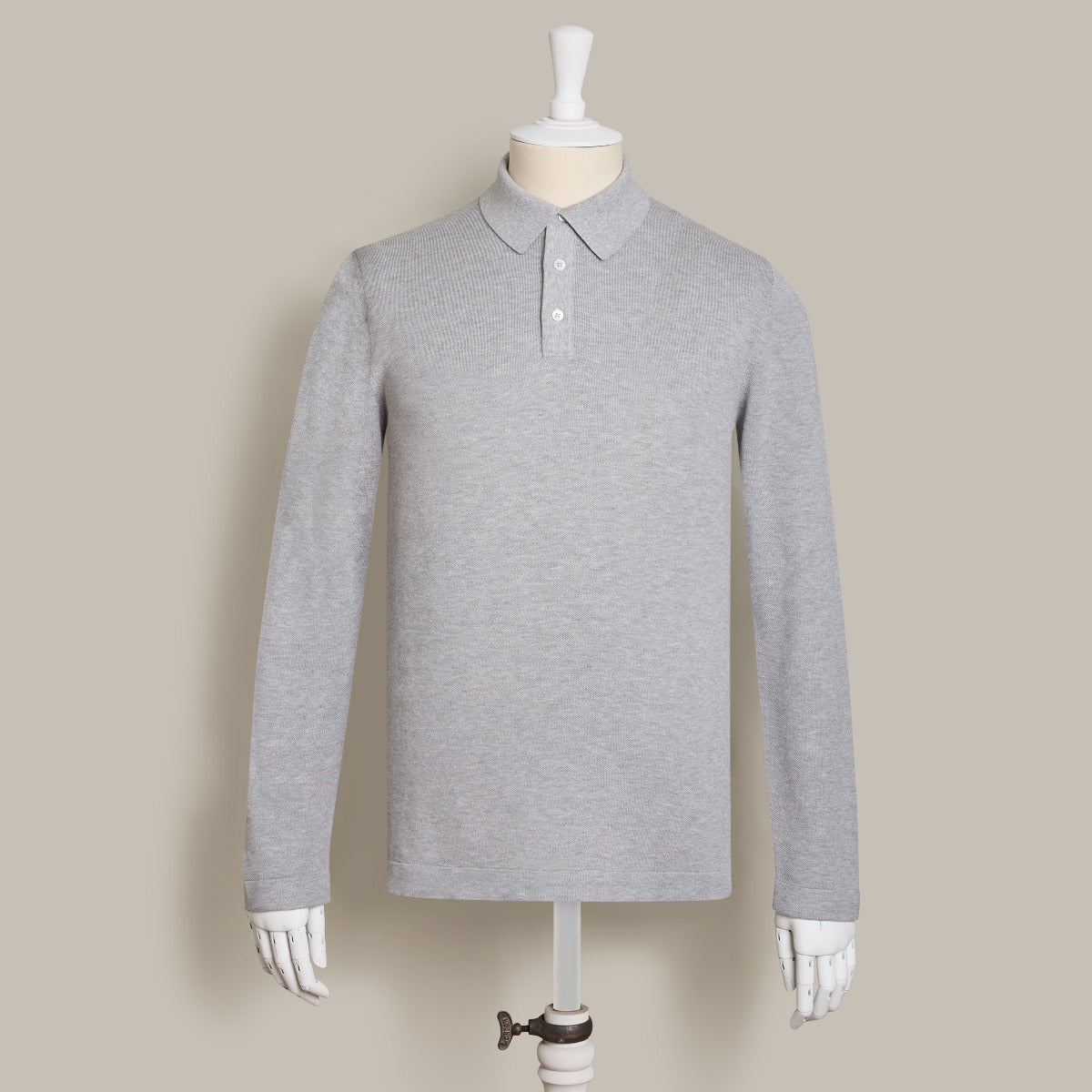 Long Sleeve Knitted Polo Shirt In Light Grey