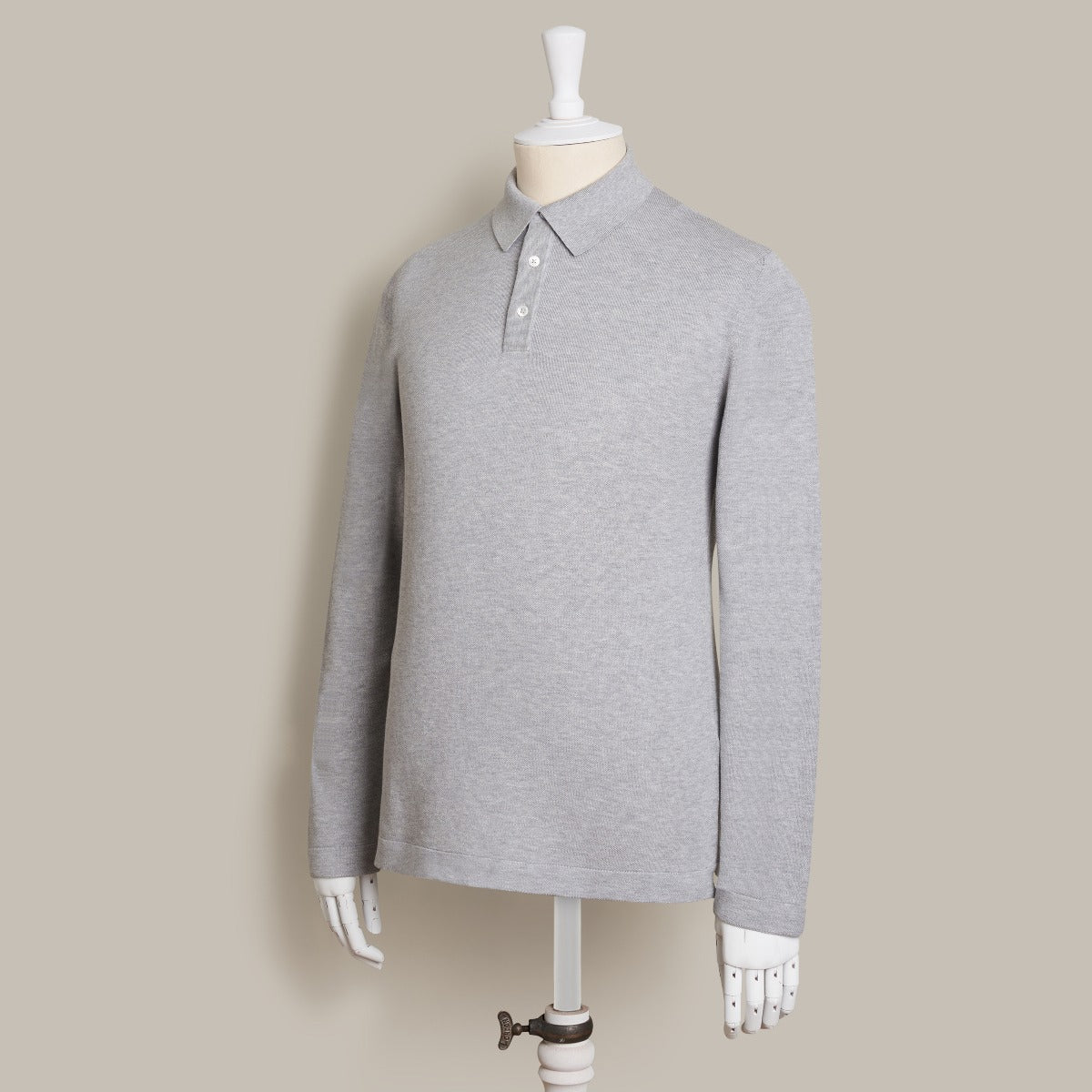 Long Sleeve Knitted Polo Shirt In Light Grey