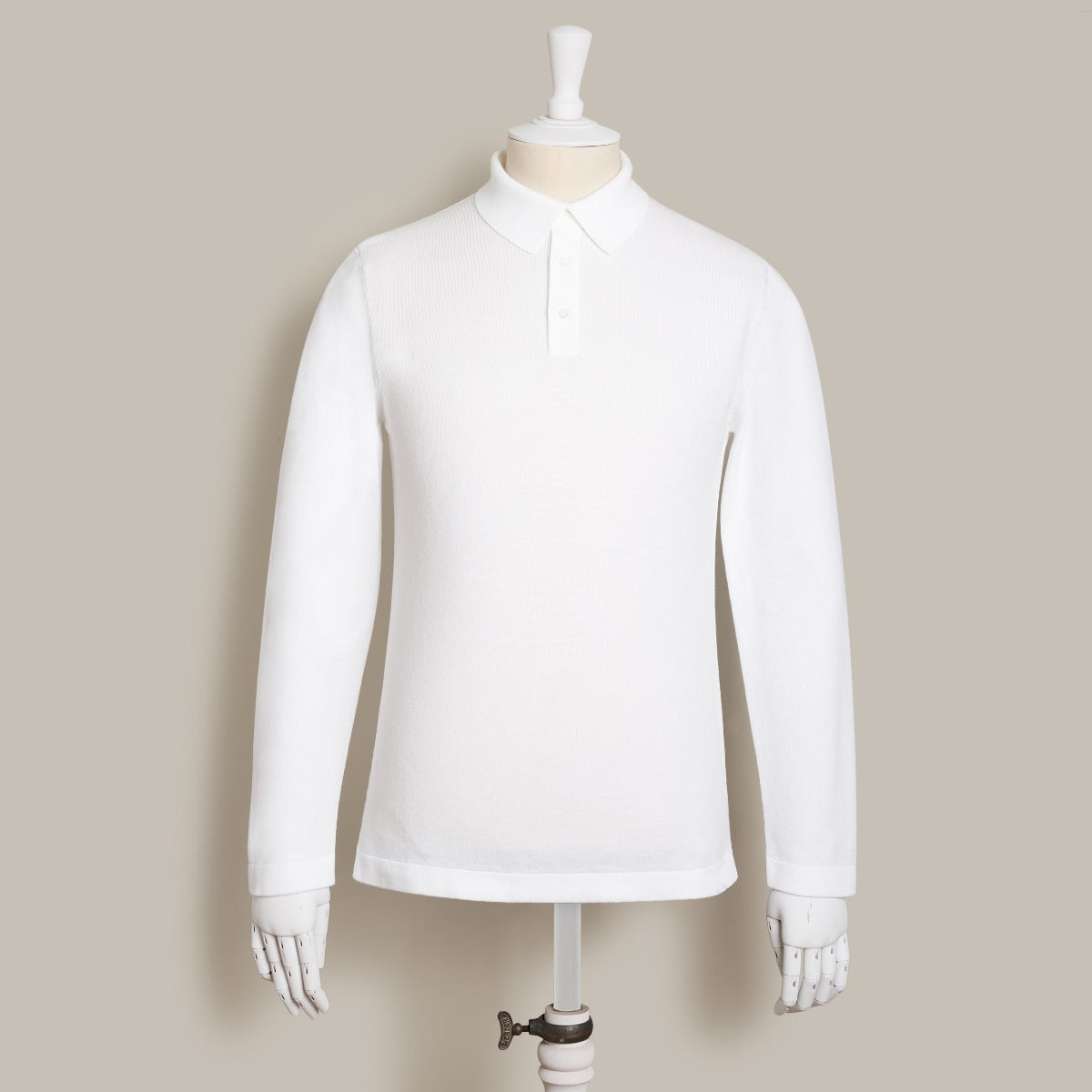 Long Sleeve Knitted Polo Shirt In White