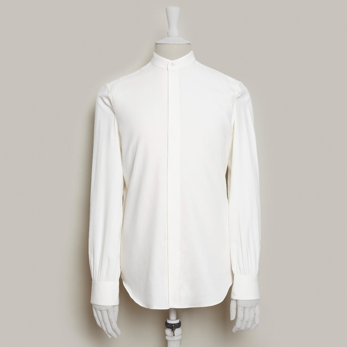 Silk Collarless Shirt With Fly Front In Light Cream