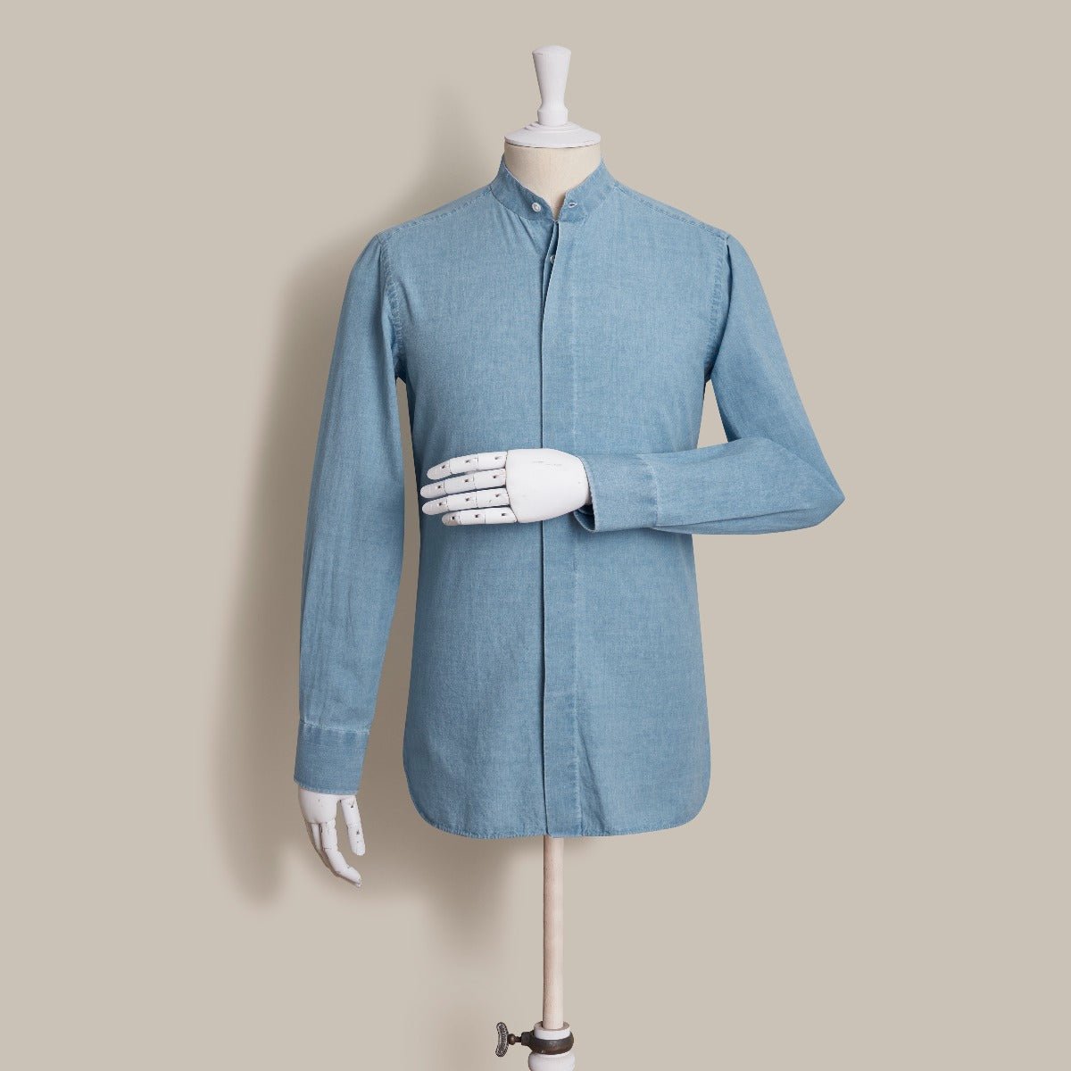 100 Hands For Anderson & Sheppard Handmade Collarless Chambray Shirt In Light Sky