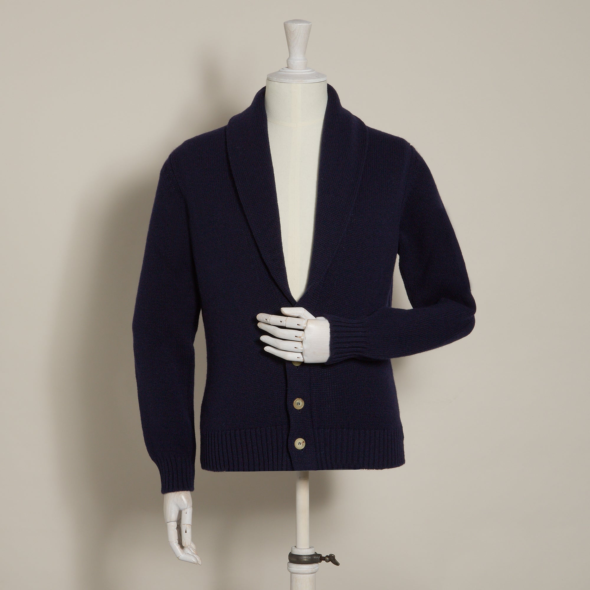 Lambswool Four Button Cardigan With Shawl Collar in Navy