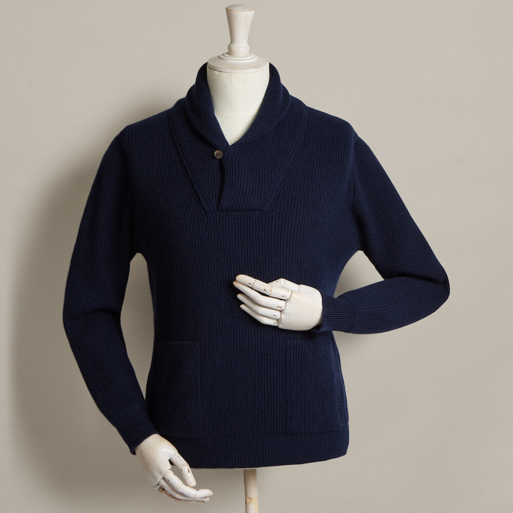 Ribbed Shawl Collar Sweater With Pockets In Dark Navy