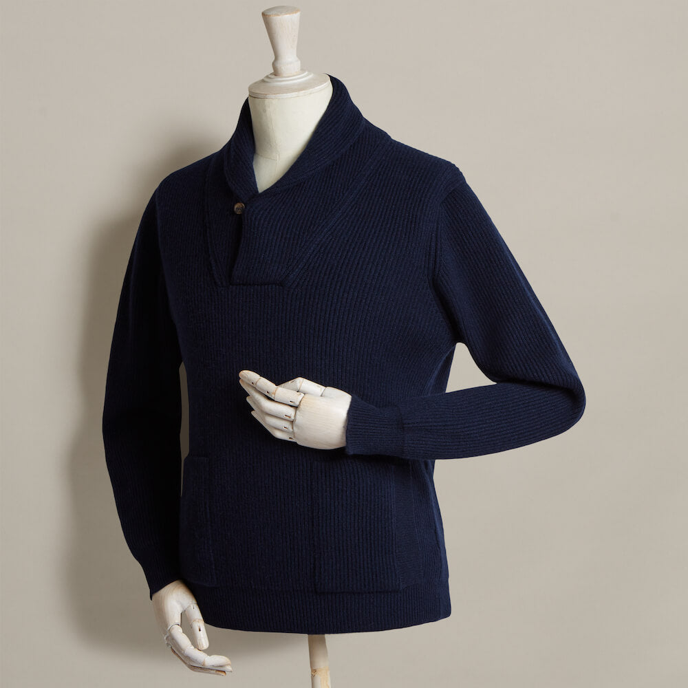 Ribbed Shawl Collar Sweater With Pockets In Dark Navy