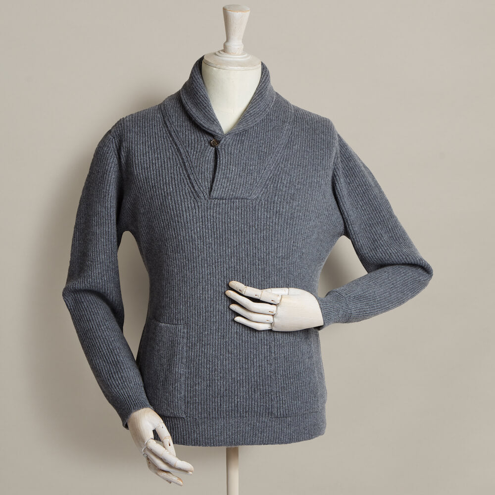 Ribbed Shawl Collar Sweater With Pockets In Grey