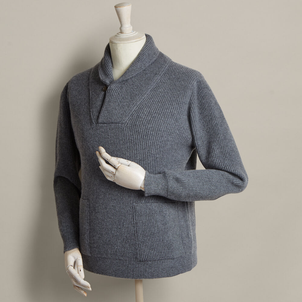 Ribbed Shawl Collar Sweater With Pockets In Grey