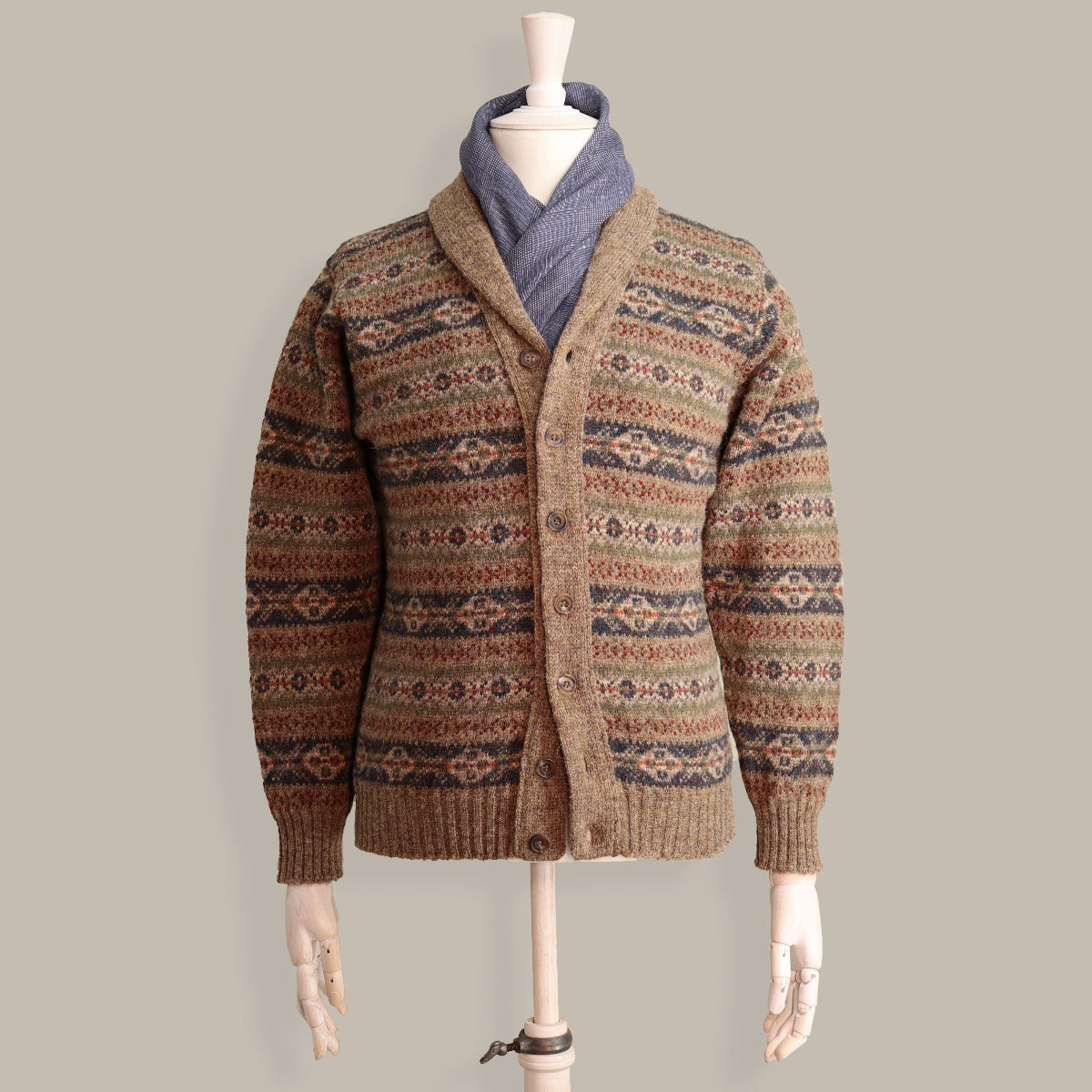 Fair Isle Shawl Collar Cardigan in Light Brown