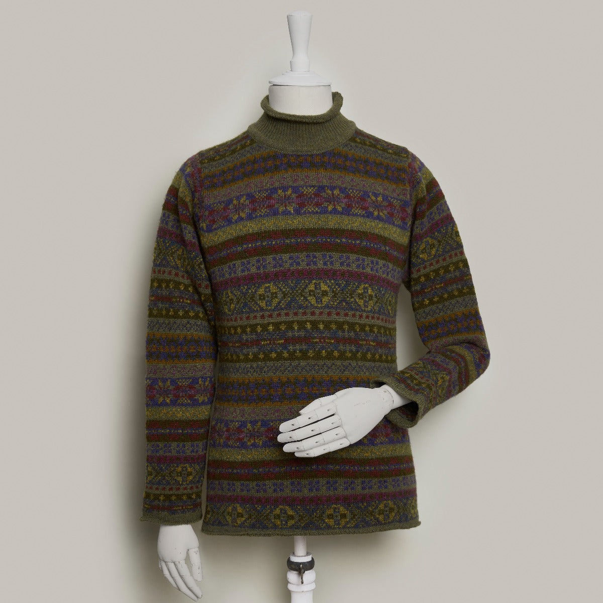 Roll Neck Fair Isle Sweater in Moss