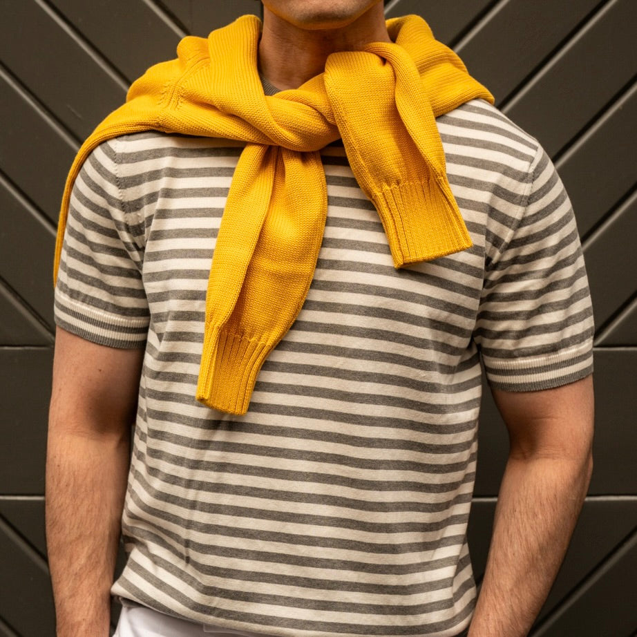 Short Sleeve Knitted Striped T-Shirt In Grey