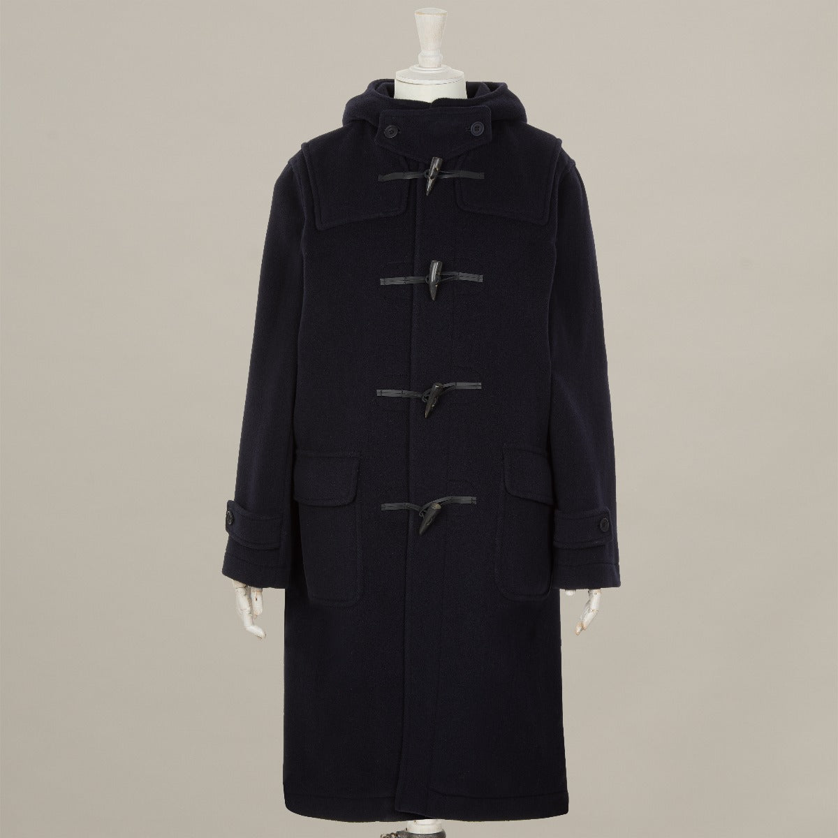 Long Woollen Duffle Coat With Hood In Navy