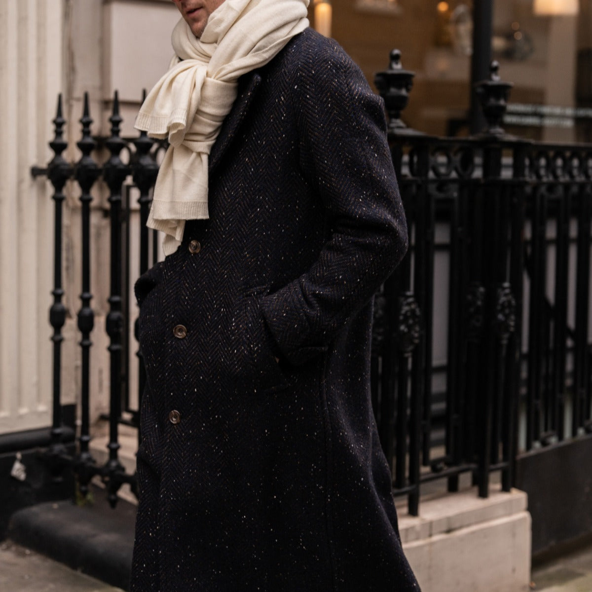 Handwoven Herringbone Woollen Overcoat In Navy