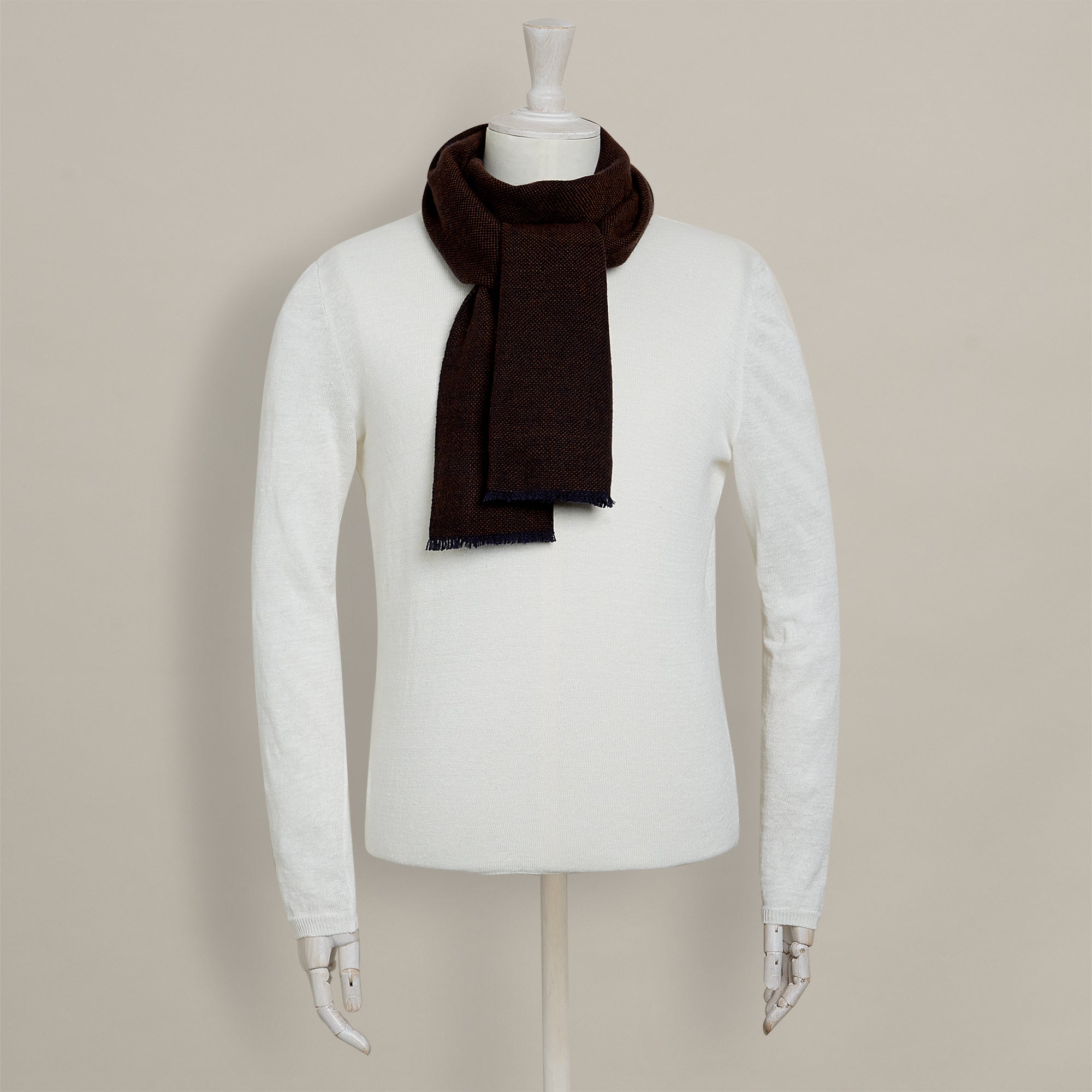 Cashmere Birds-Eye Weave Scarf In Navy and Brown