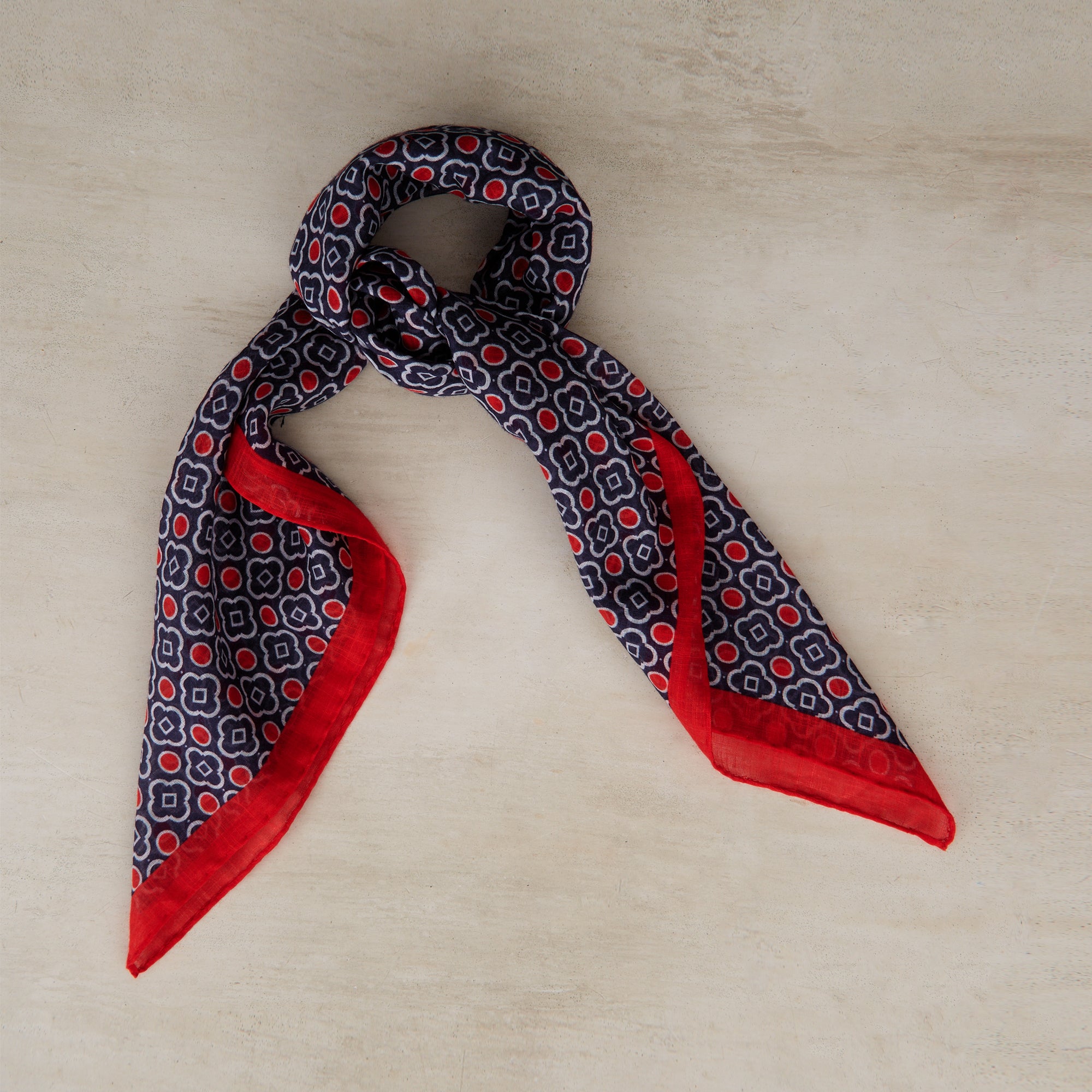 Cotton Mosaic Print Neckerchief In Navy and Red