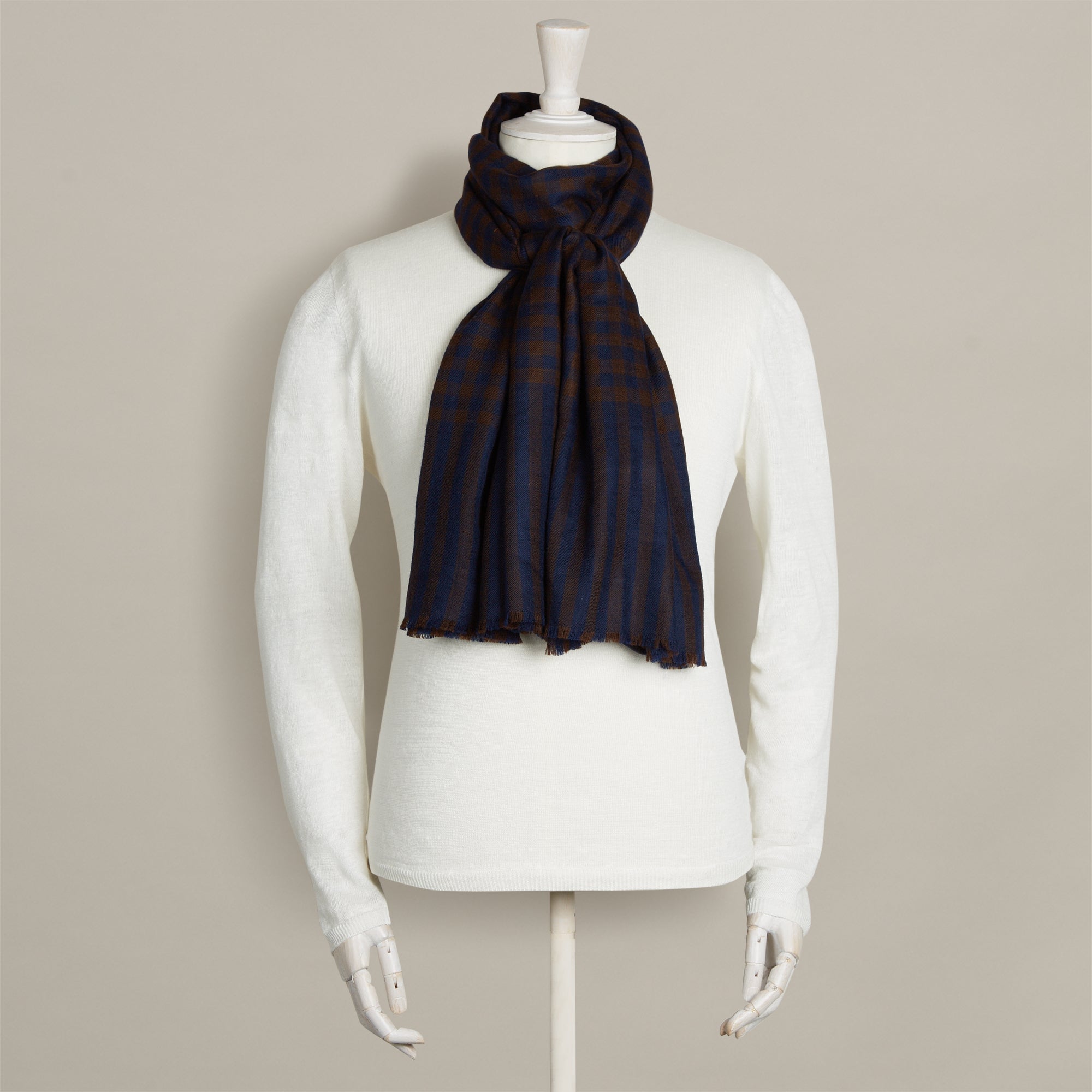 Small Check Cashmere Scarf In Navy And Brown