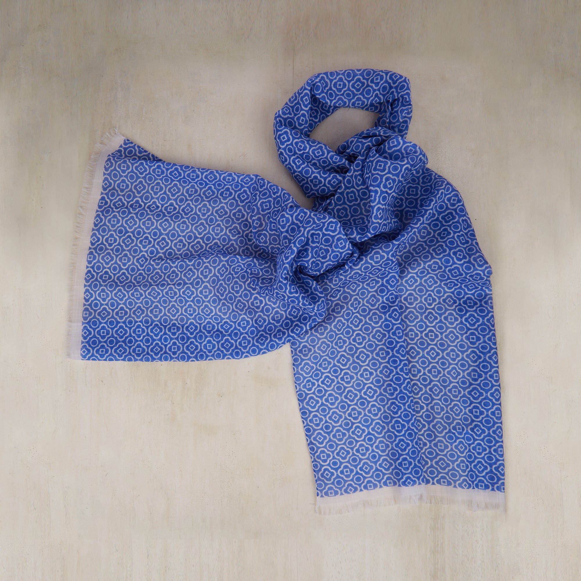 Cotton Mosaic Scarf In Sky And White