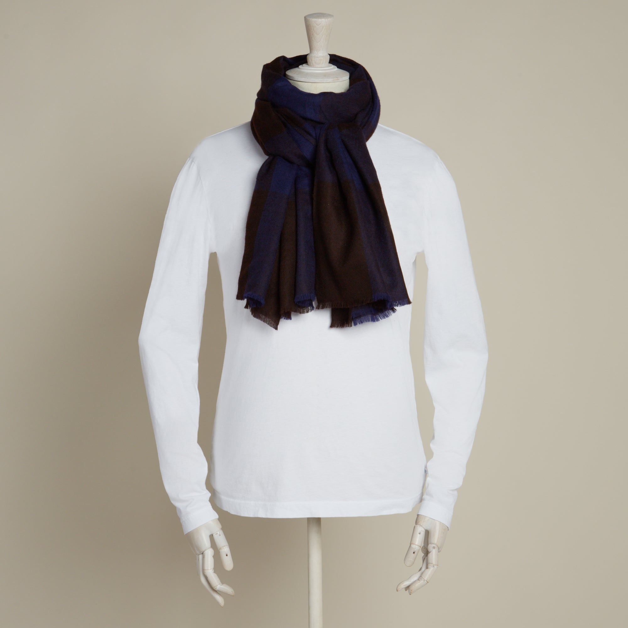 Large Check Cashmere Scarf In Dark Brown And Navy