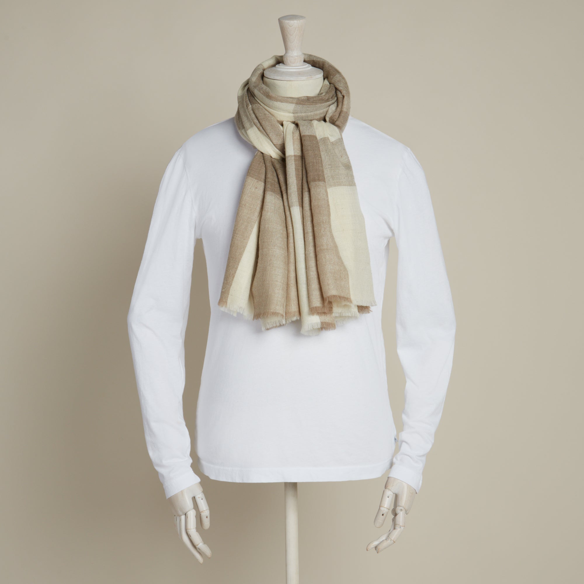 Large Check Cashmere Scarf In Oat And Cream