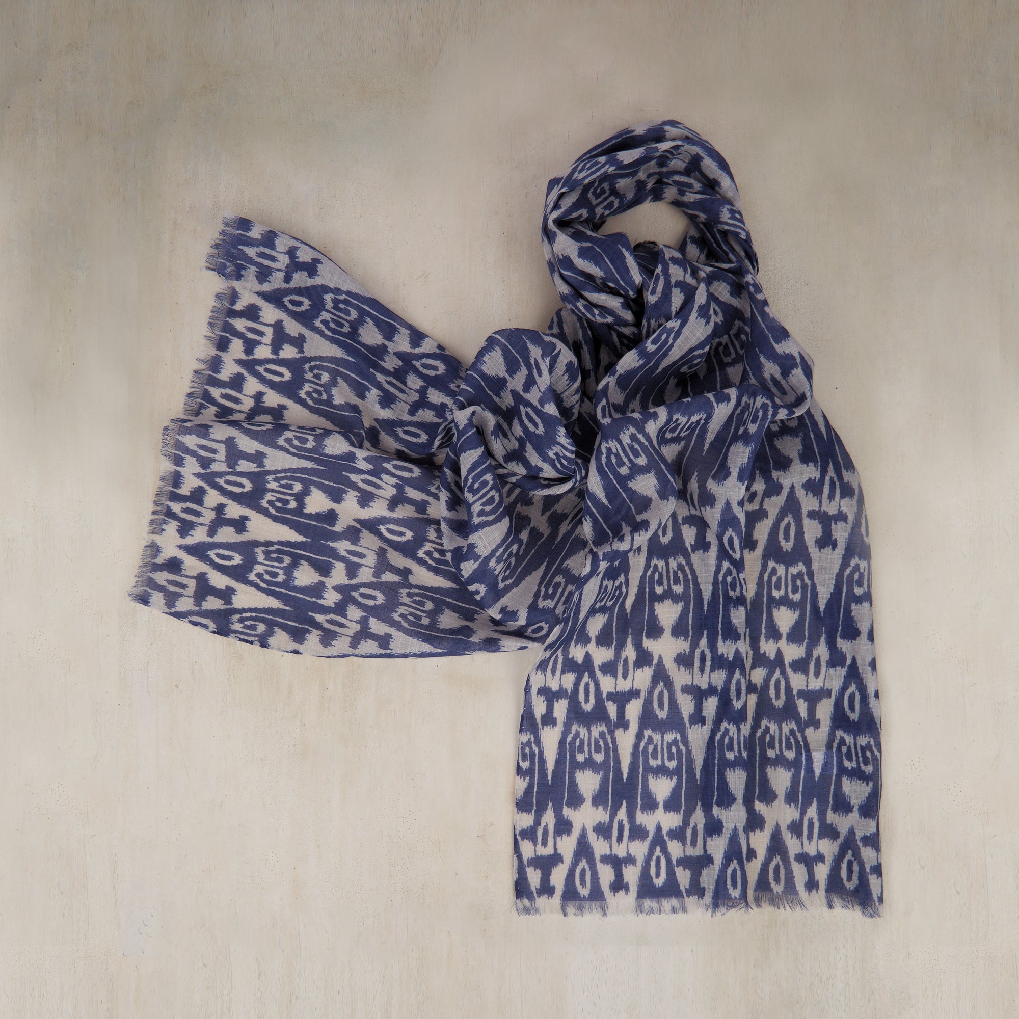 Lightweight Cotton Scarf With Ikat Print In Navy