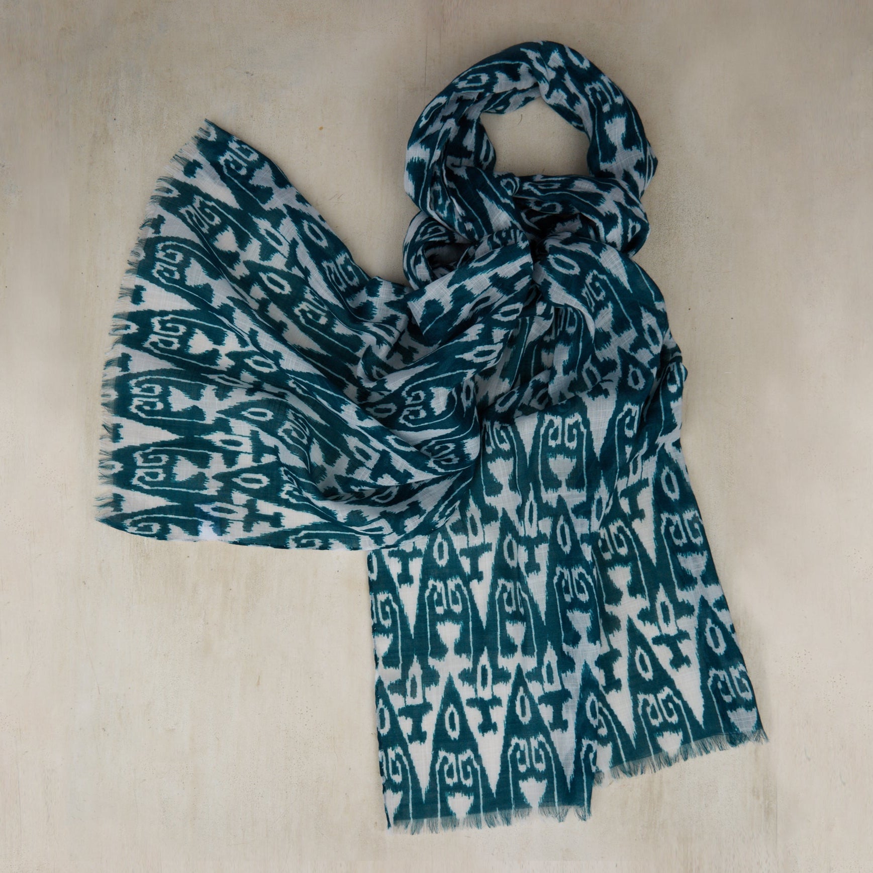 Lightweight Cotton Scarf With Ikat Print In Teal