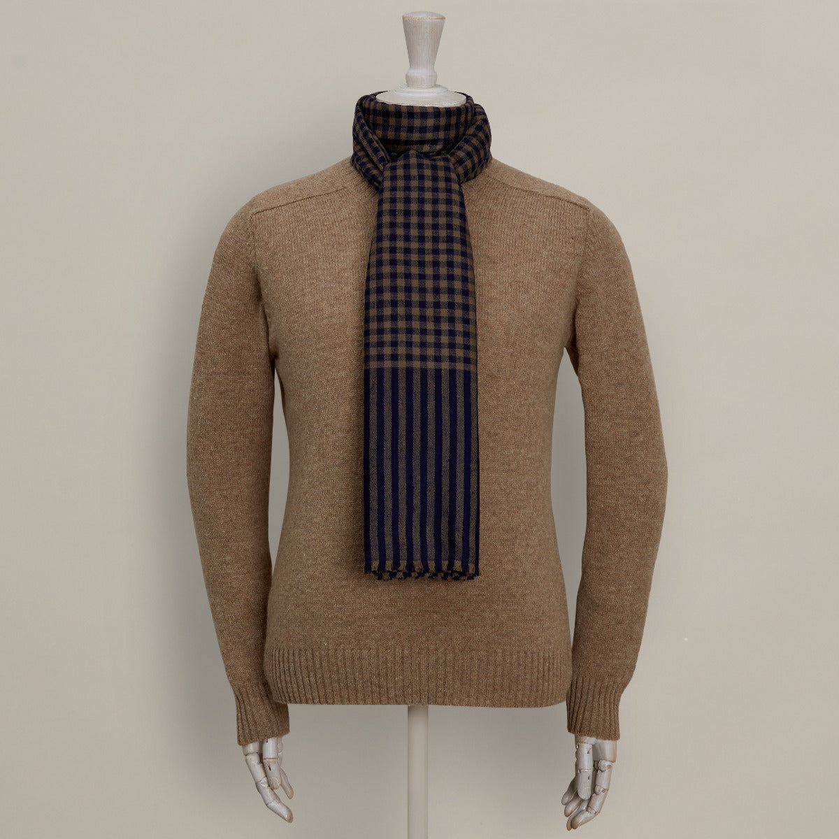 Mini Check Cashmere Scarf In Navy And Taupe