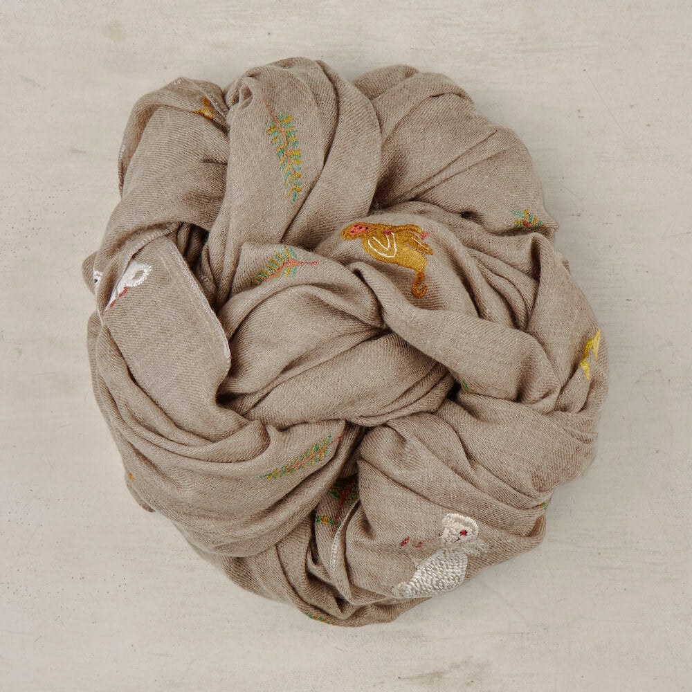 Hand-Embroidered Cashmere Scarf In Ecru