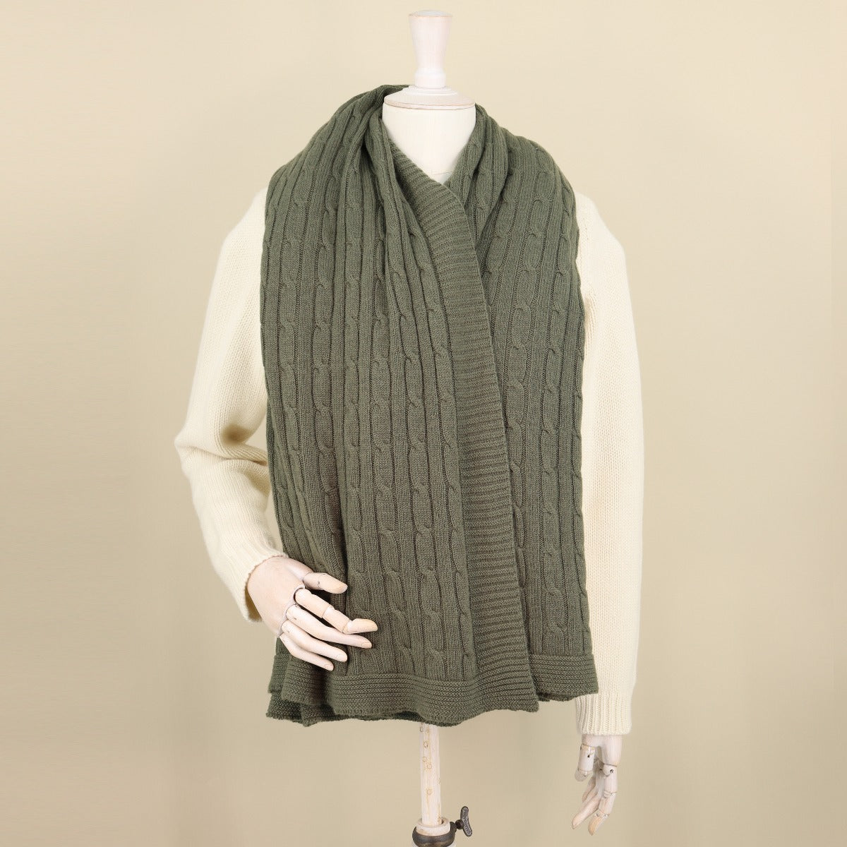 Large Cashmere Cable Knitted Scarf In Olive