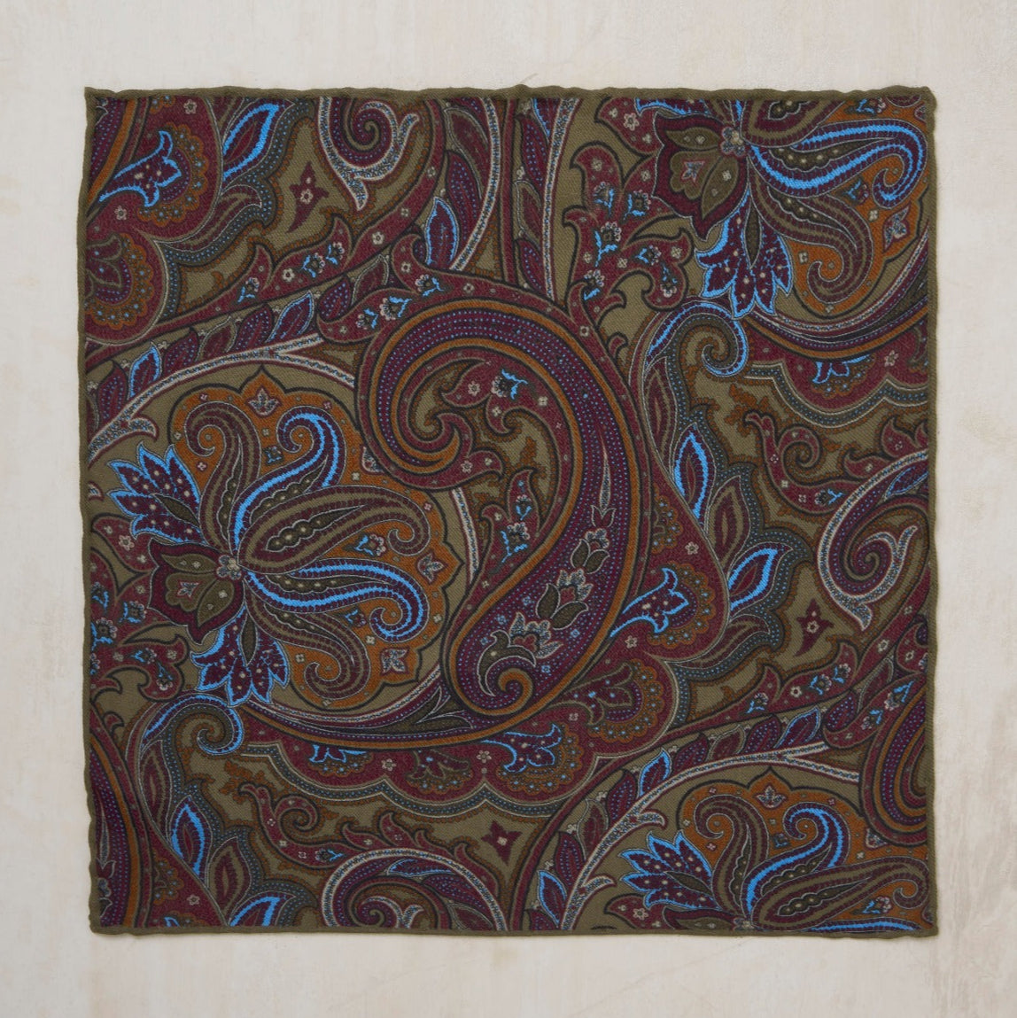 Printed Paisley Pocket Square In Olive