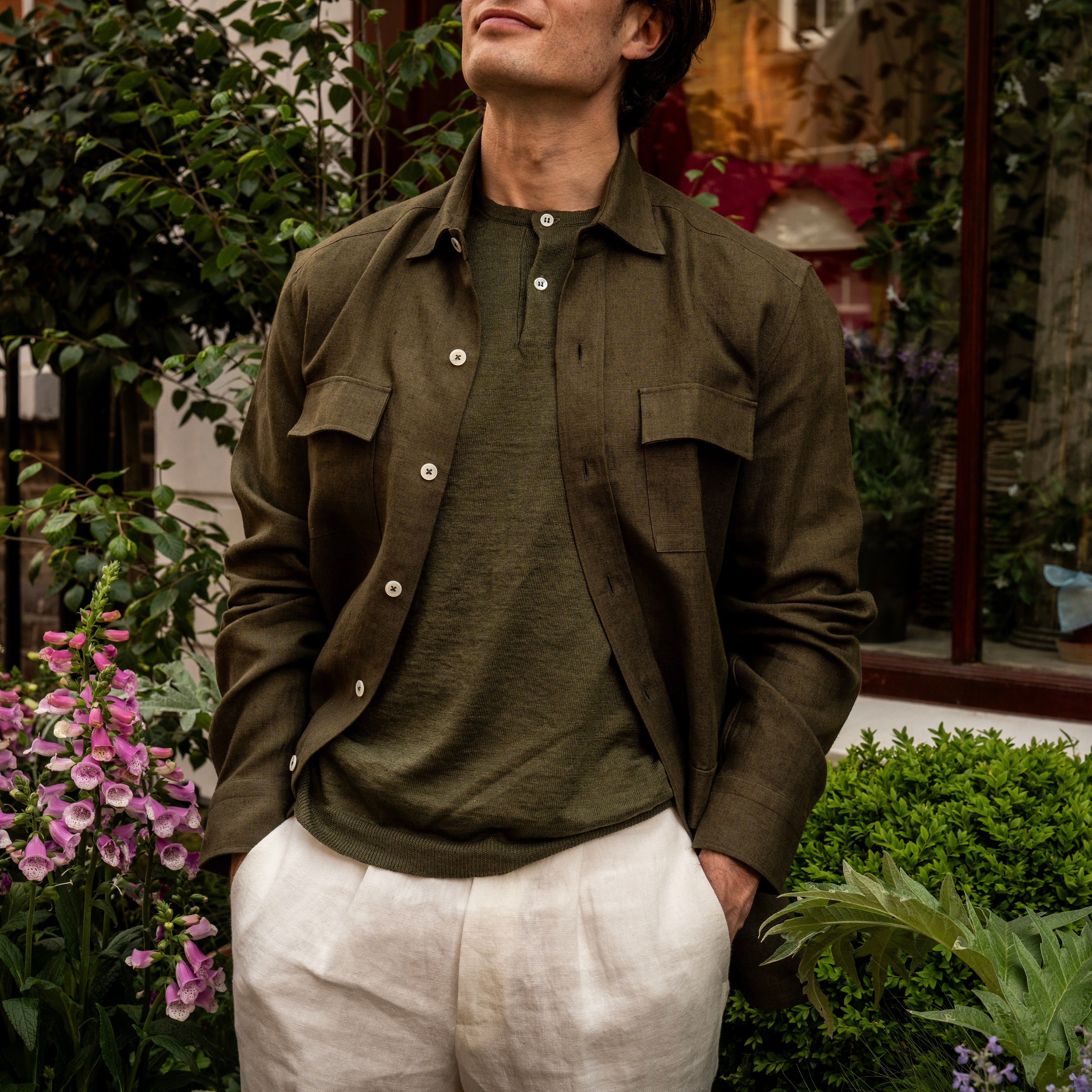 Linen Safari Overshirt In Khaki