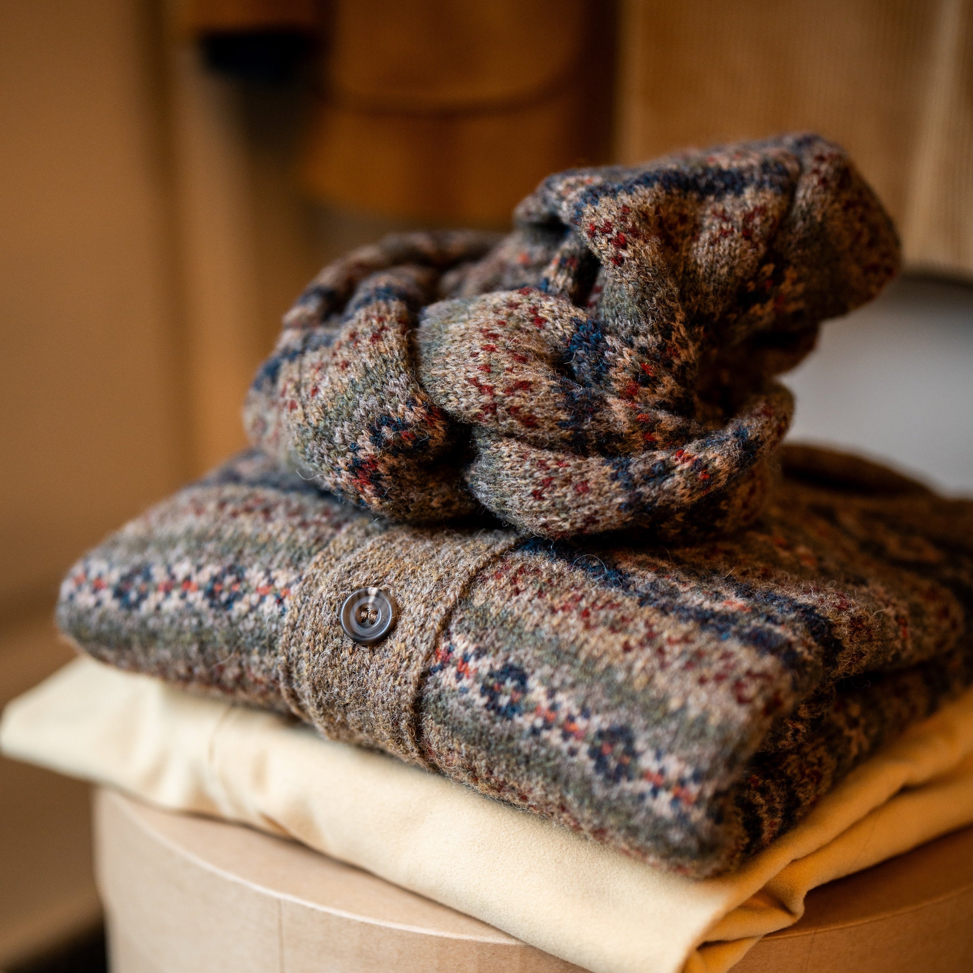 Fair Isle Shawl Collar Cardigan in Light Brown