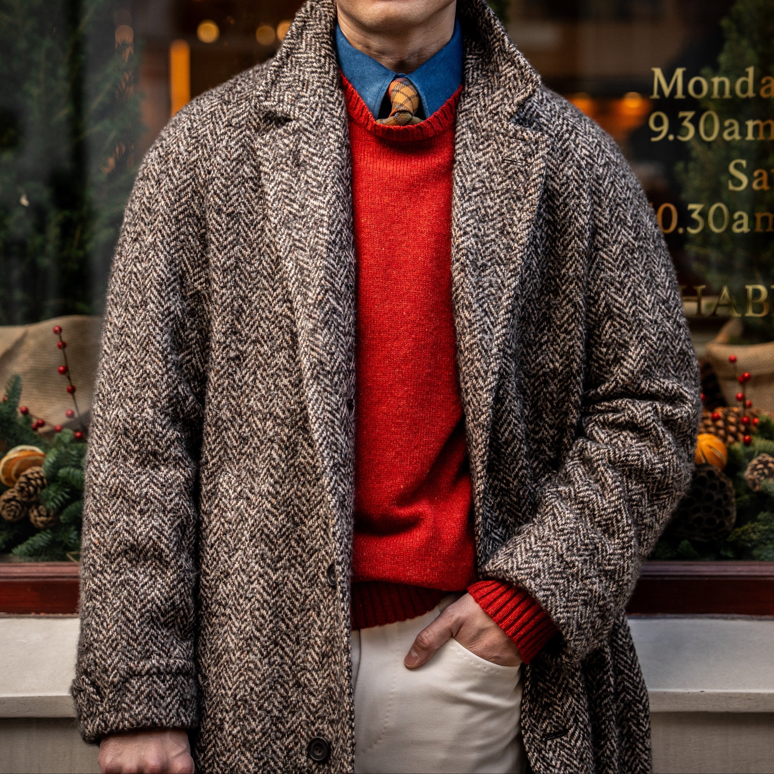Herringbone Wool and Cashmere Overcoat in Brown