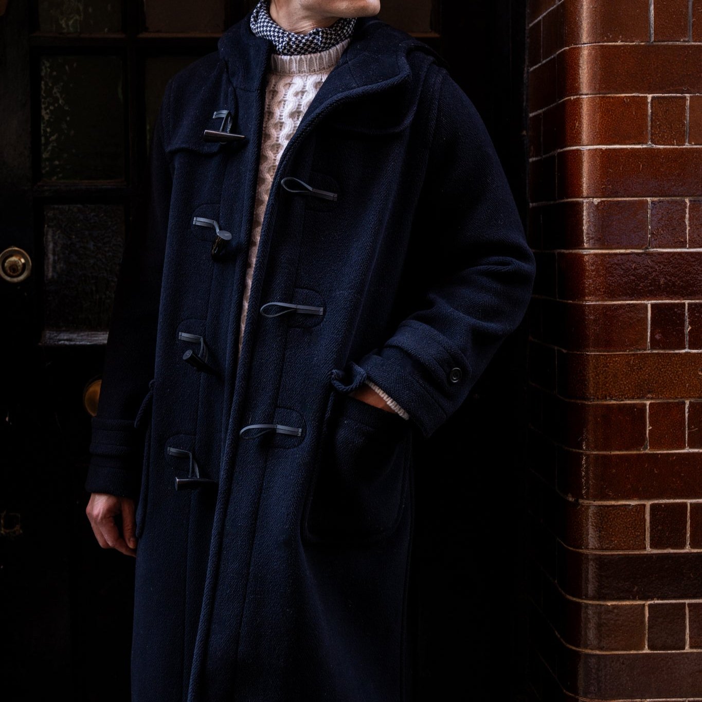 Long Woollen Duffle Coat With Hood In Navy