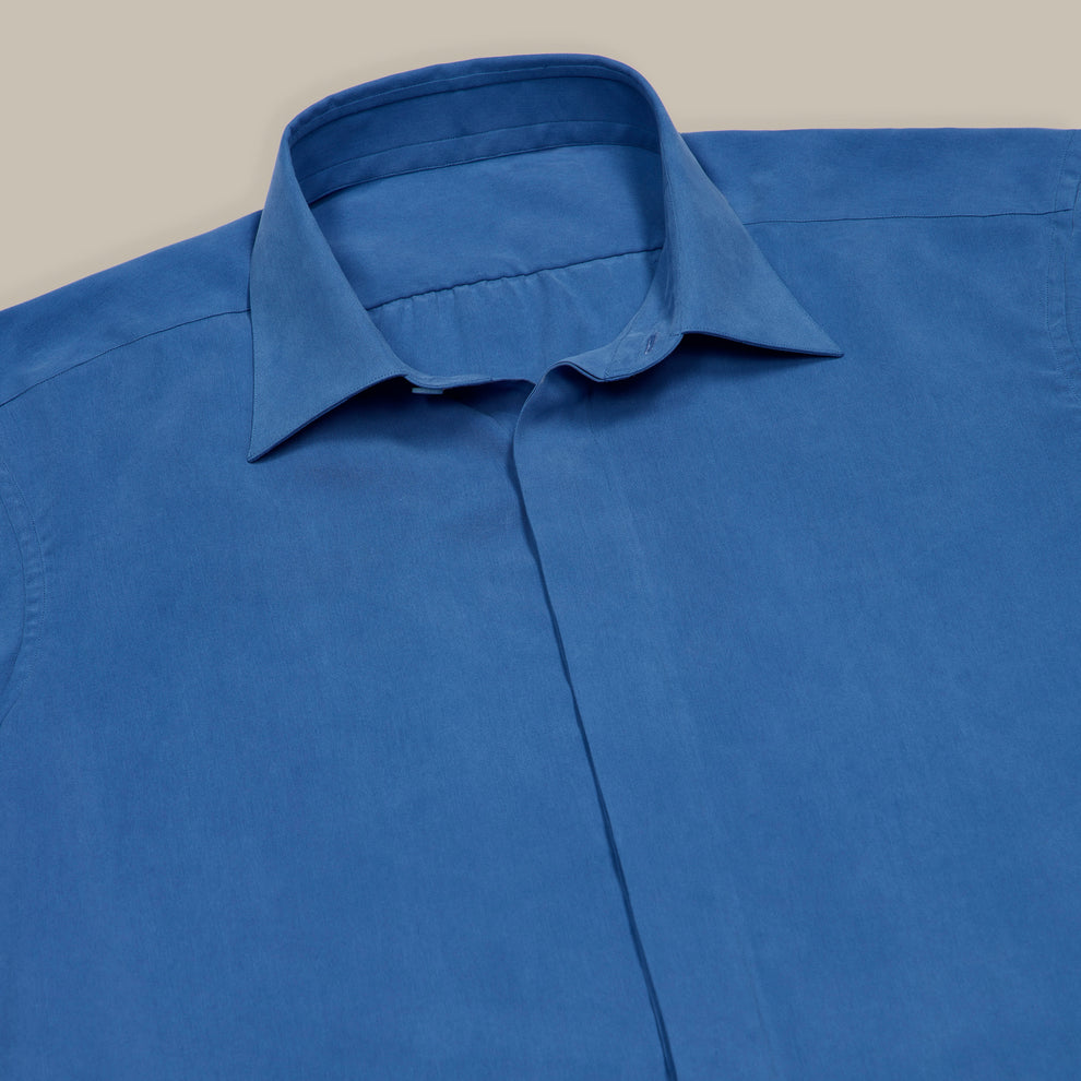 Silk Collared Shirt With Fly Front in Blue