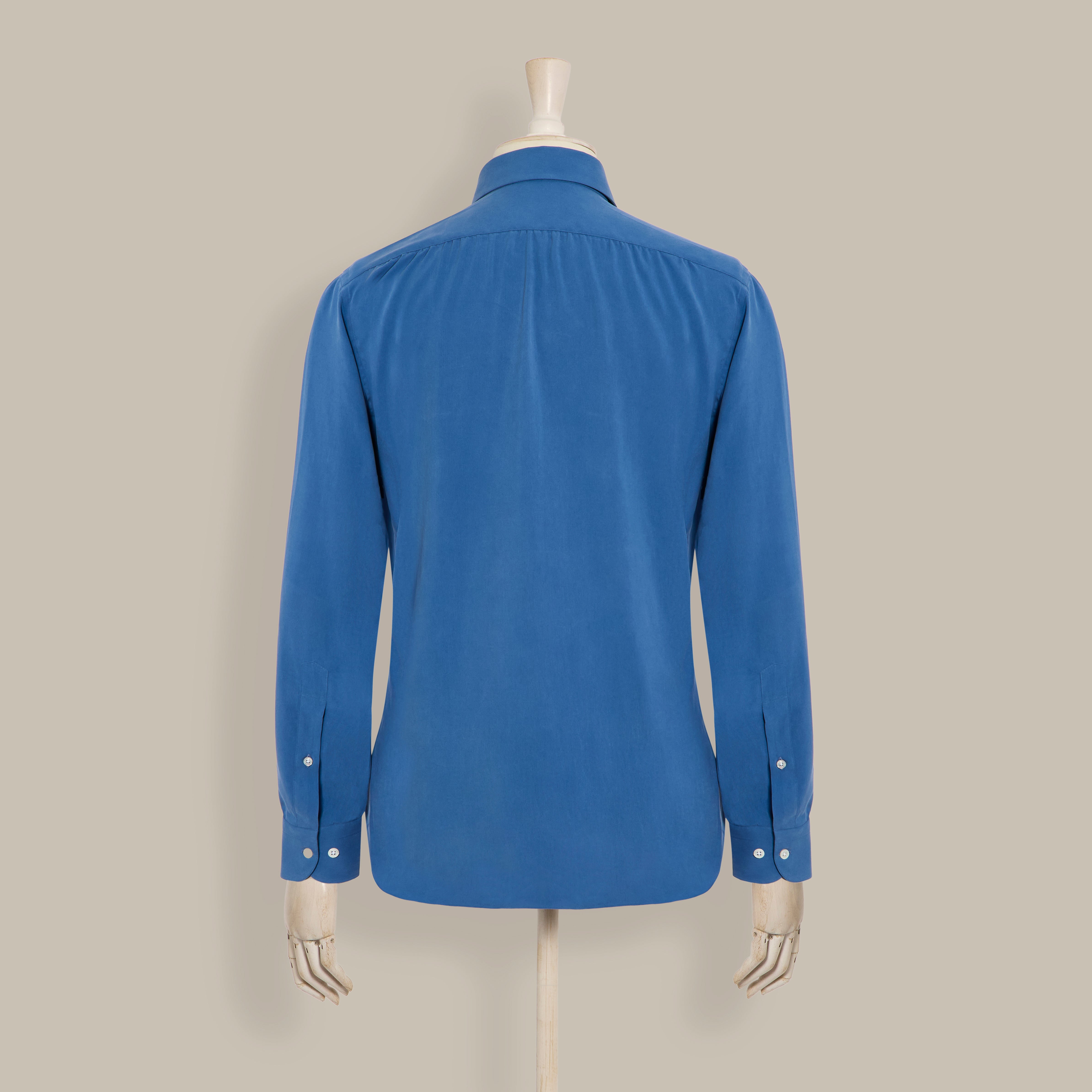 Silk Collared Shirt With Fly Front in Blue