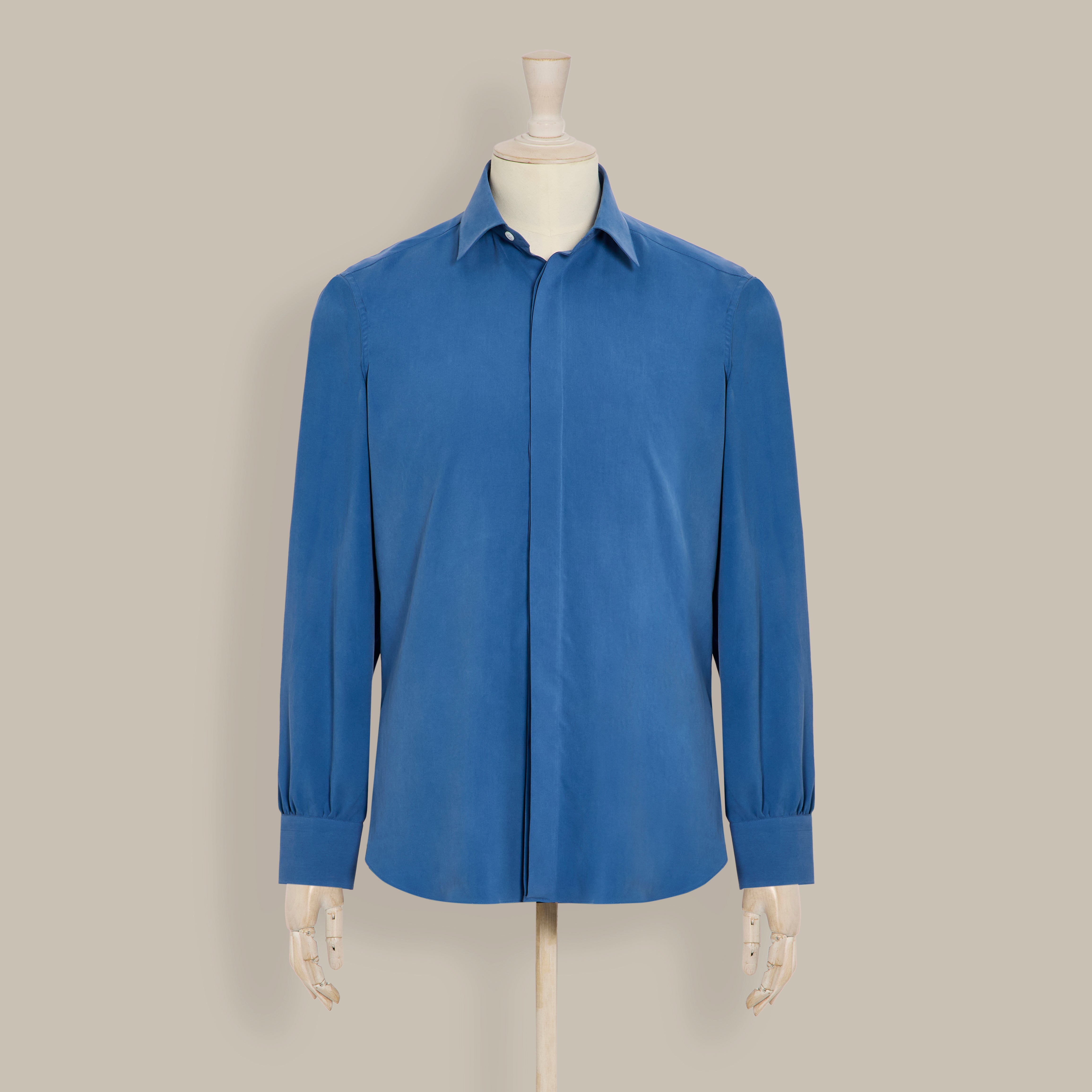 Silk Collared Shirt With Fly Front in Blue