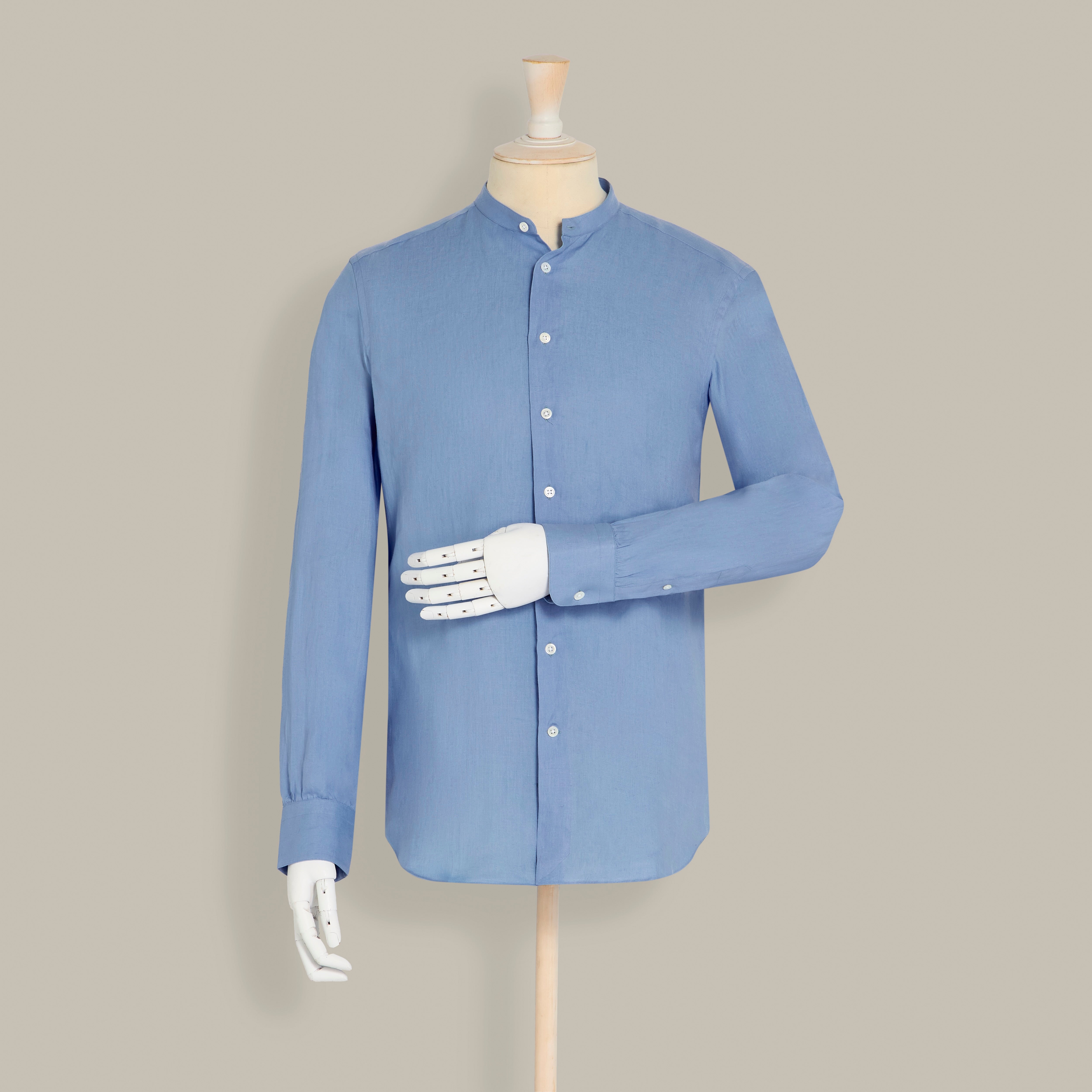 Collarless Linen Shirt with Button Front in Lagoon