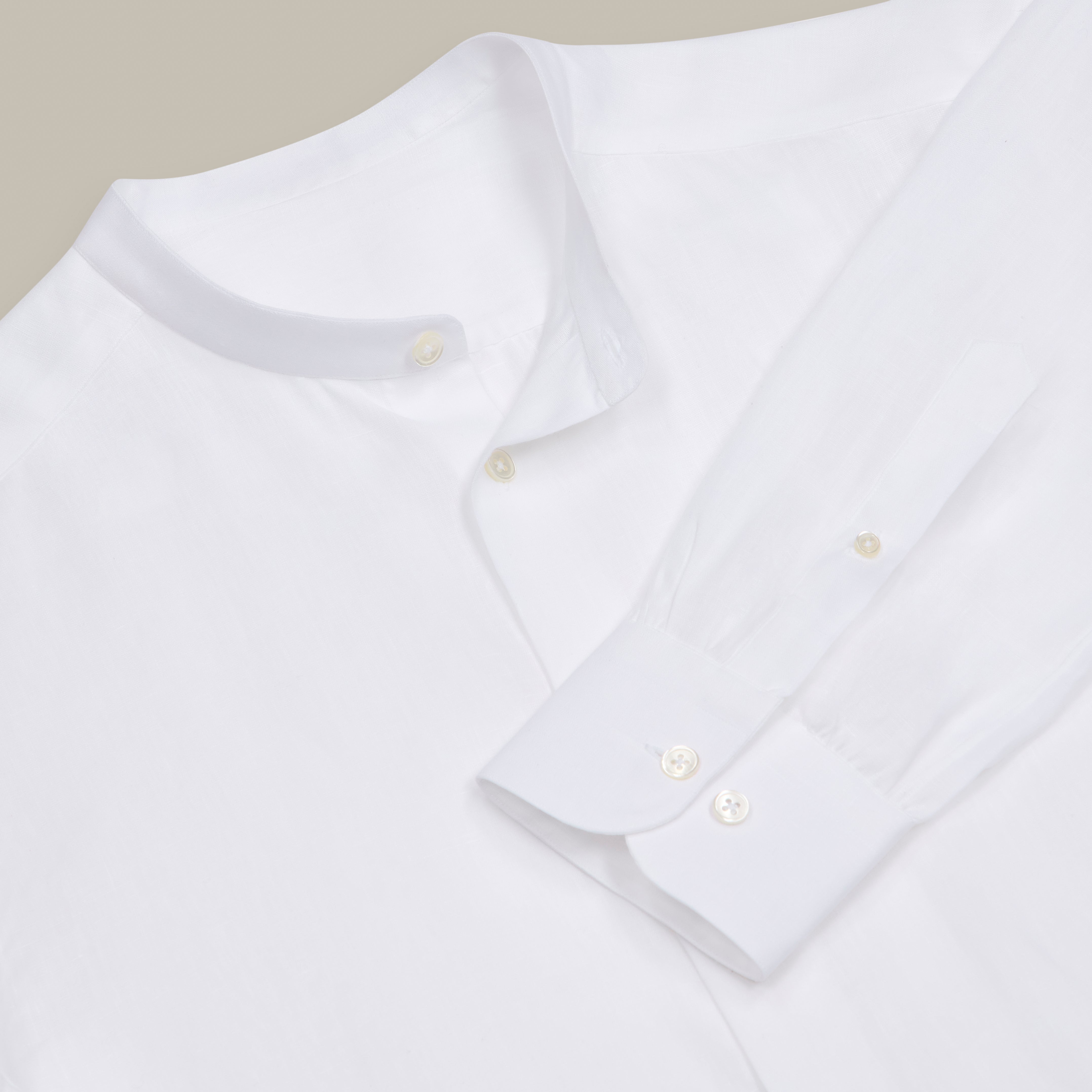 Collarless Linen Shirt with Button Front in White