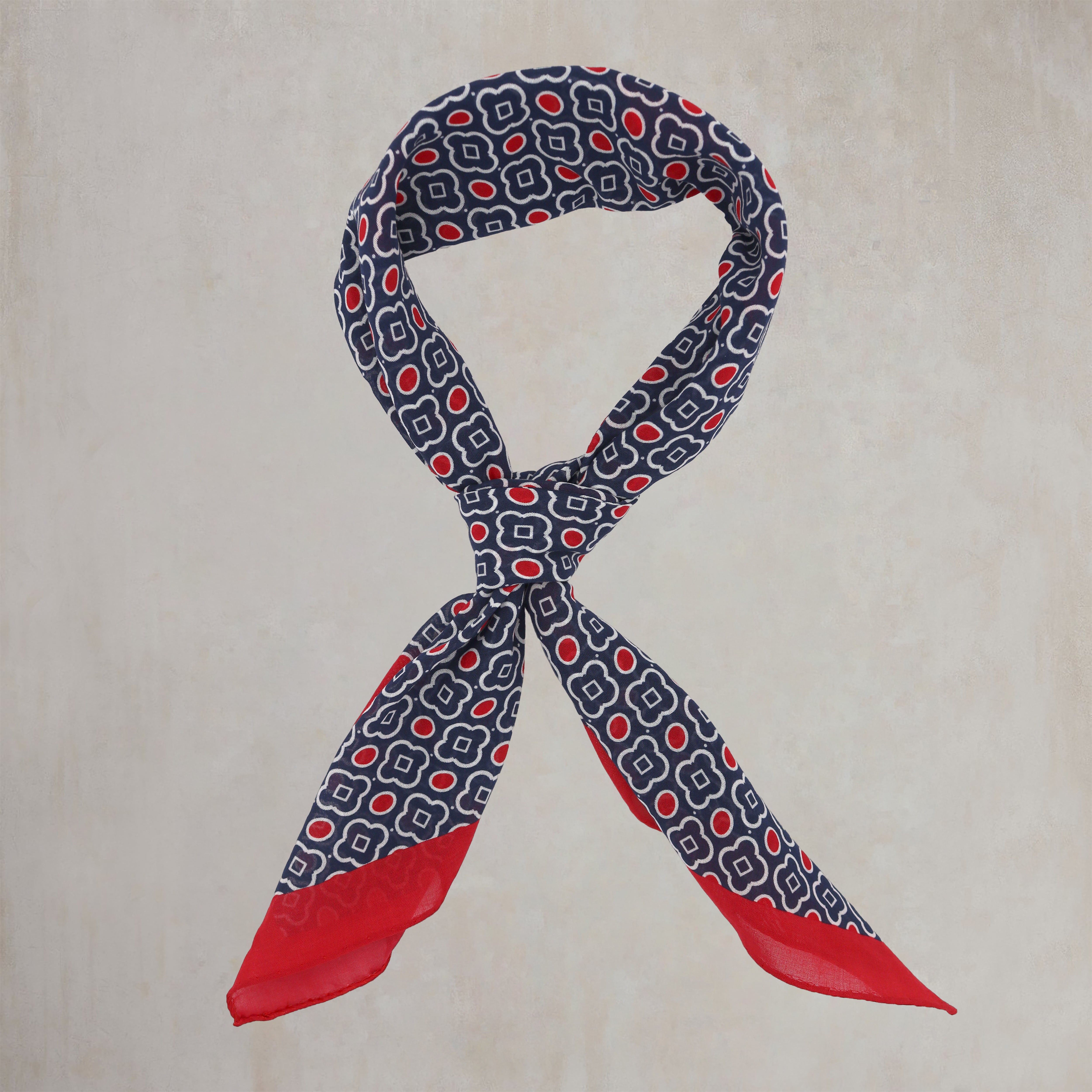Cotton Mosaic Print Neckerchief In Navy and Red