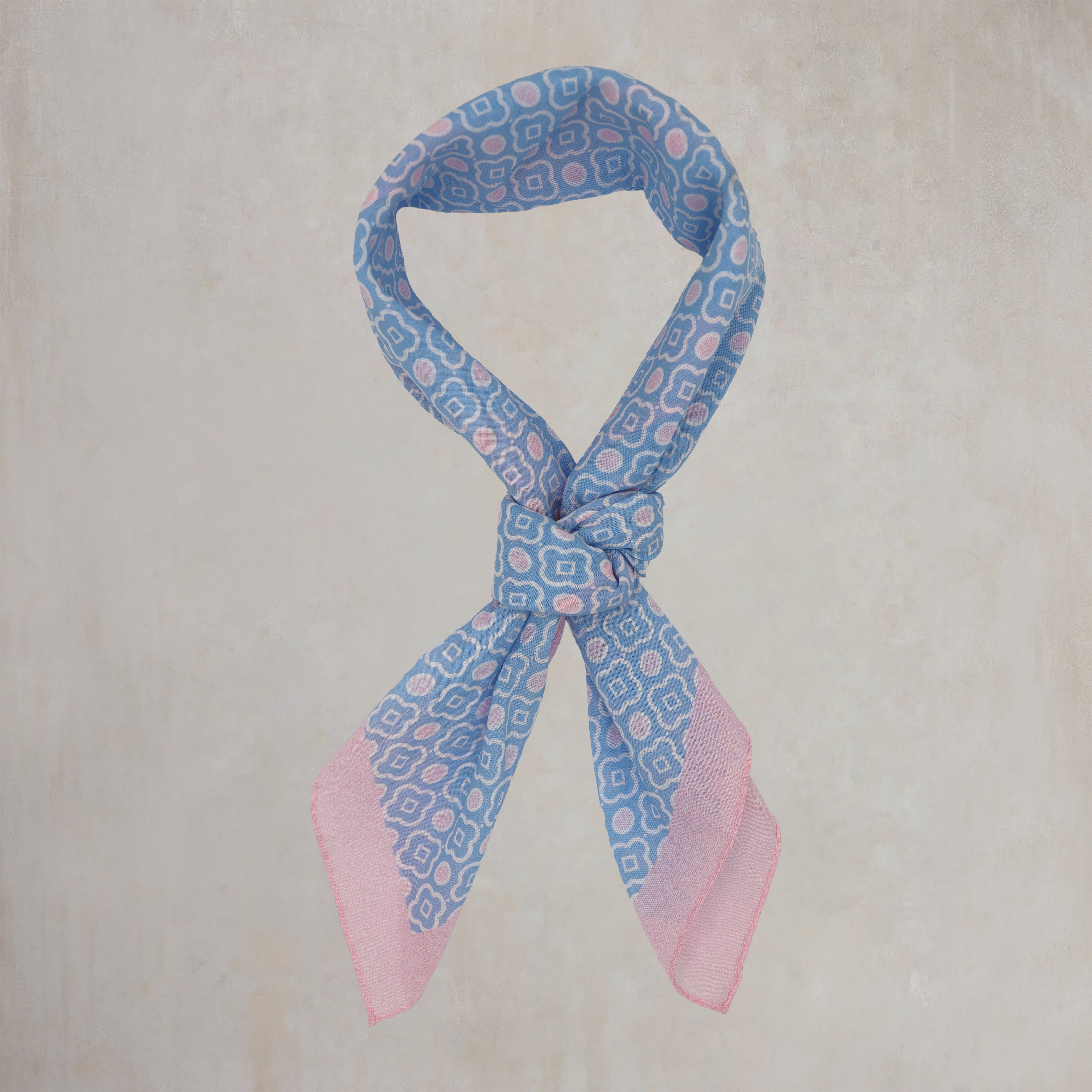 Cotton Mosaic Print Neckerchief In Sky and Light Pink
